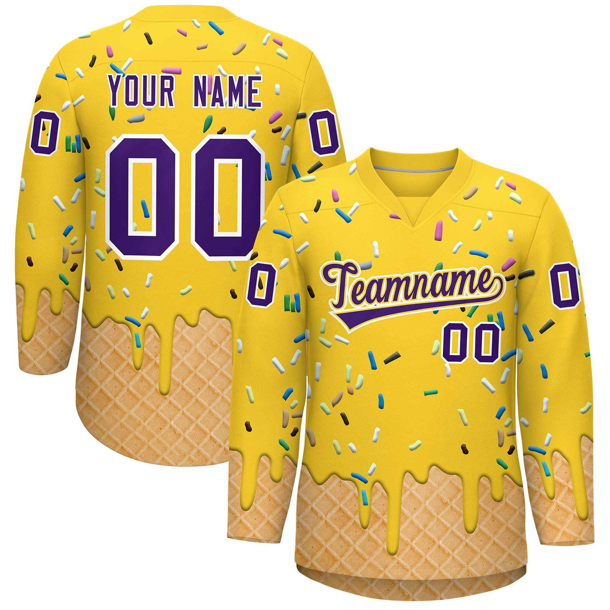 Custom Gold Purple Ice Cream Pattern Personalized V-Neck Hockey Jersey| KXKSHOP