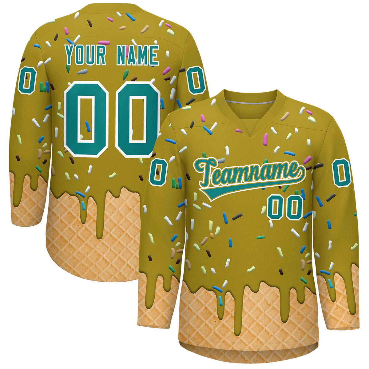 Custom Old Gold Teal Ice Cream Pattern Personalized V-Neck Hockey Jersey| KXKSHOP