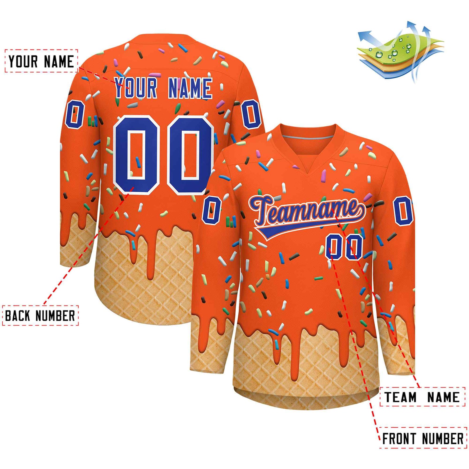 Custom Orange Royal Blue Ice Cream Pattern Personalized V-Neck Hockey Jersey| KXKSHOP