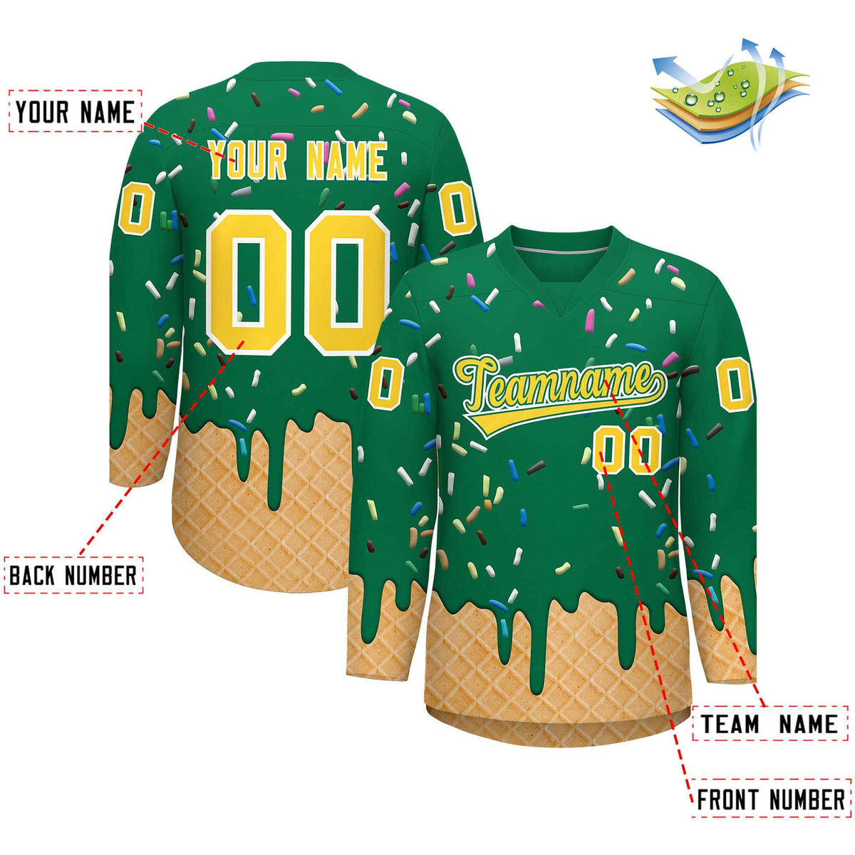 Custom Kelly Green Gold Ice Cream Pattern Personalized V-Neck Hockey Jersey| KXKSHOP