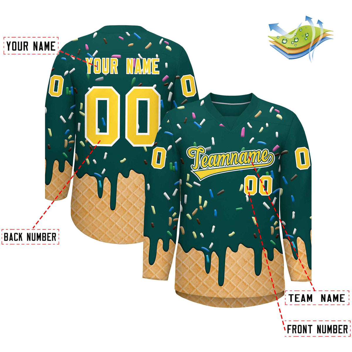 Custom Midnight Green Gold Ice Cream Pattern Personalized V-Neck Hockey Jersey| KXKSHOP