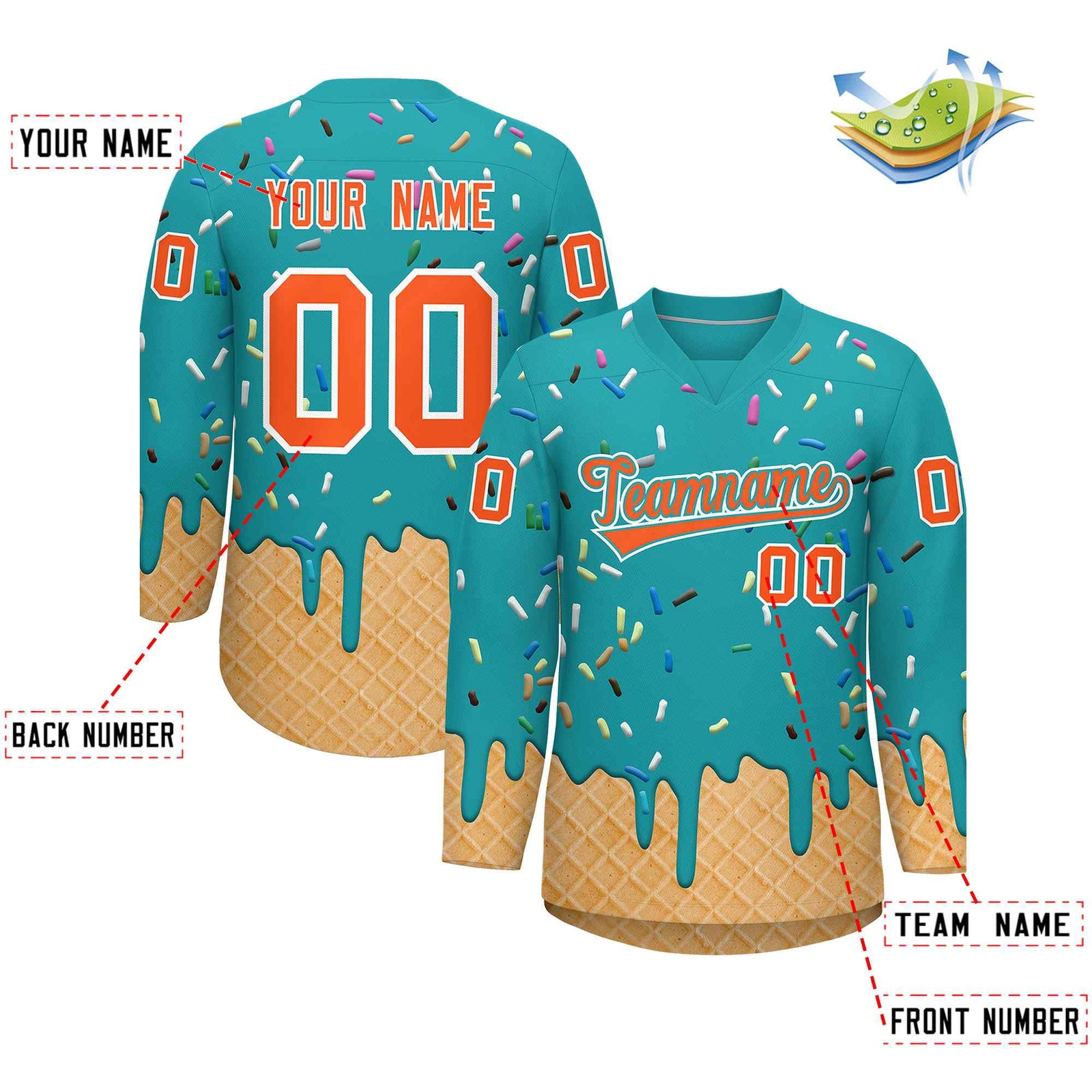 Custom Aqua Orange Ice Cream Pattern Personalized V-Neck Hockey Jersey| KXKSHOP