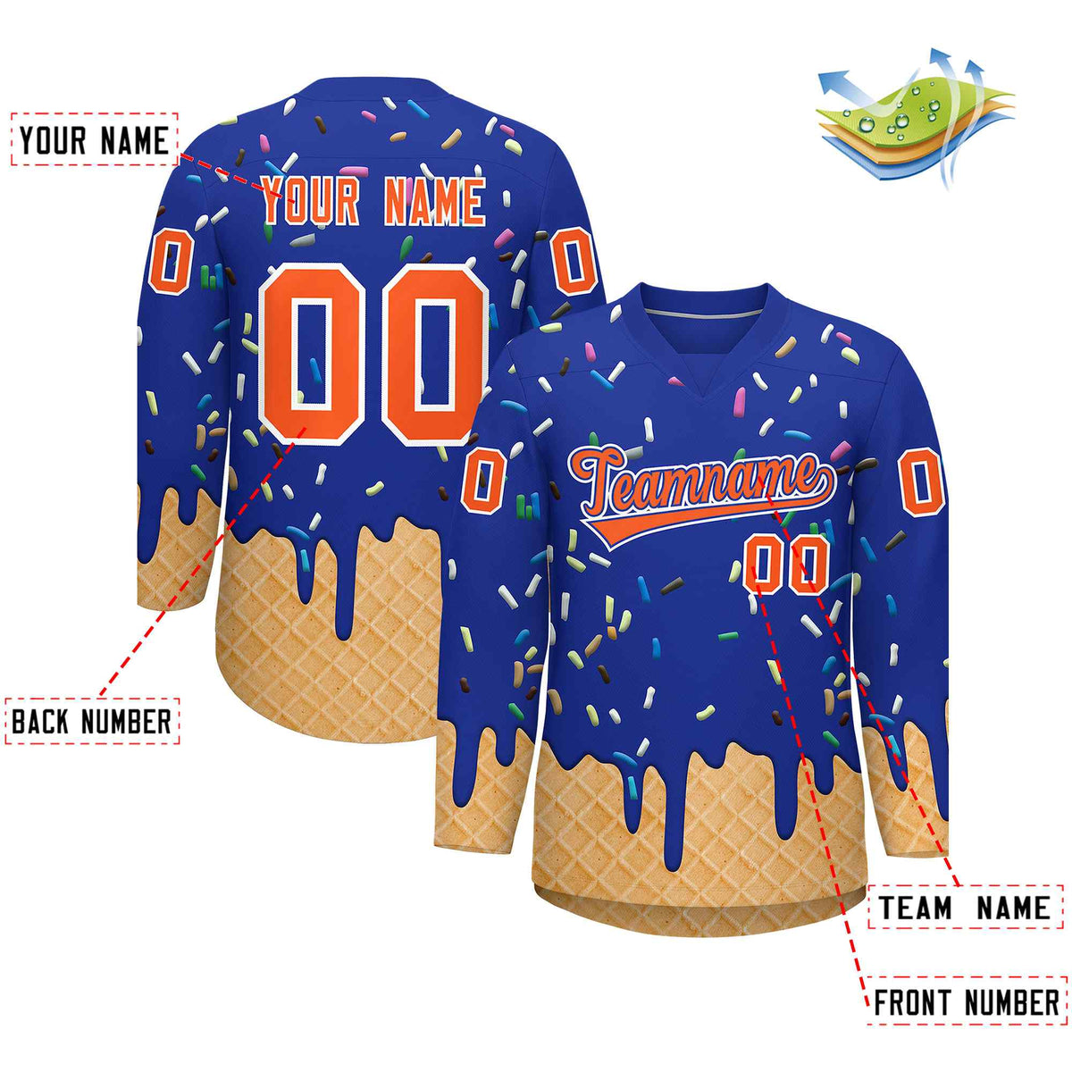 Custom Royal Blue Orange Ice Cream Pattern Personalized V-Neck Hockey Jersey| KXKSHOP