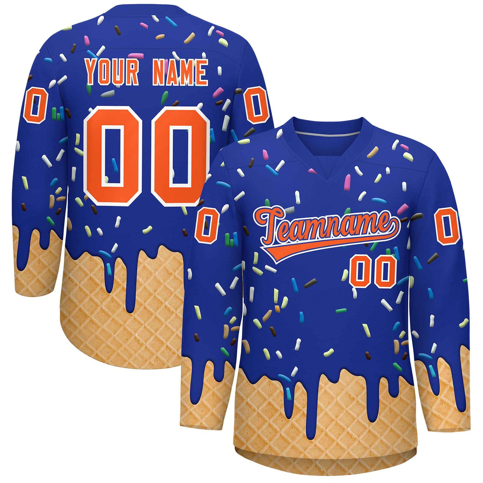 Custom Royal Blue Orange Ice Cream Pattern Personalized V-Neck Hockey Jersey| KXKSHOP