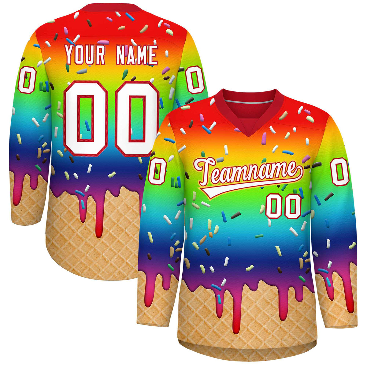 Custom Rainbow White Ice Cream Pattern Personalized V-Neck Hockey Jersey| KXKSHOP