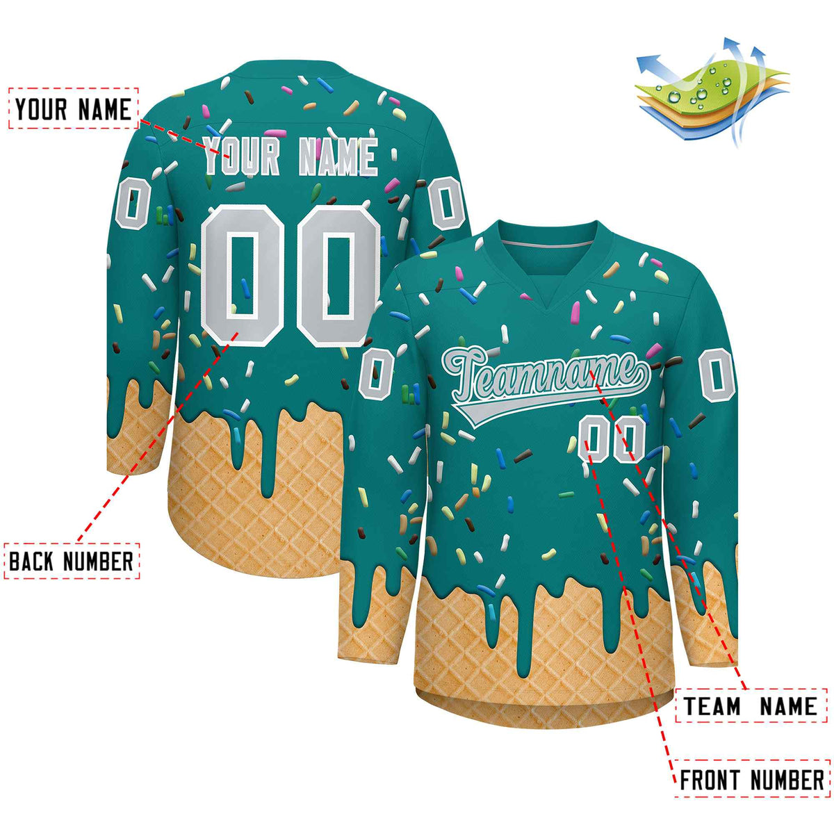 Custom Teal Silver Ice Cream Pattern Personalized V-Neck Hockey Jersey| KXKSHOP