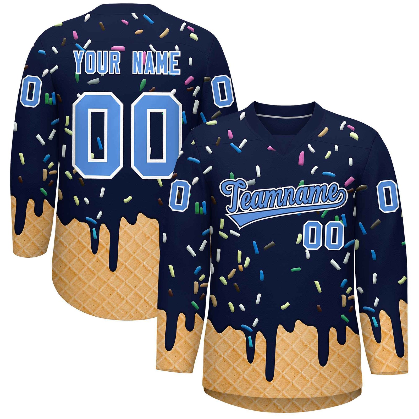 Custom Navy Powder Blue Ice Cream Pattern Personalized V-Neck Hockey Jersey| KXKSHOP