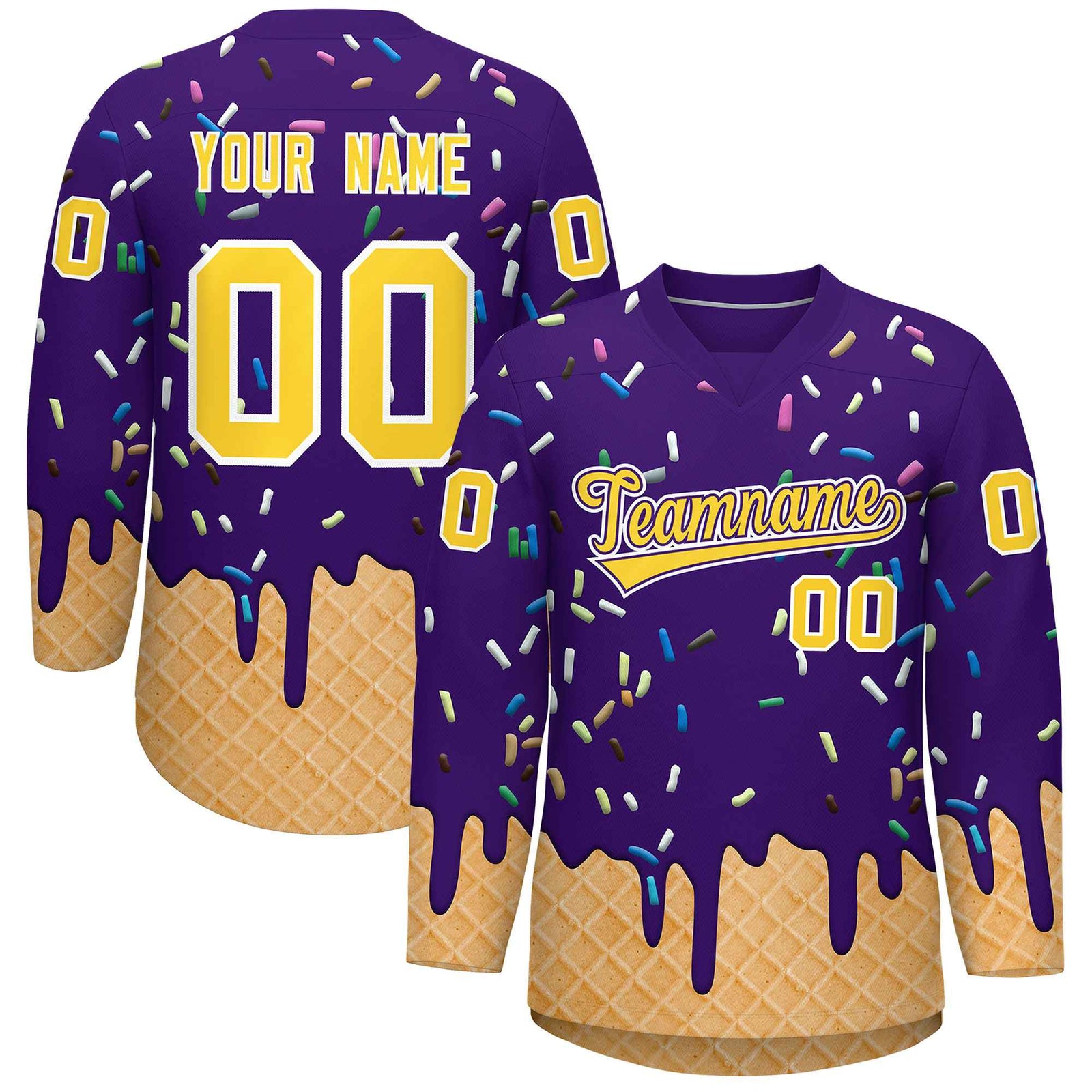 Custom Purple Gold Ice Cream Pattern Personalized V-Neck Hockey Jersey| KXKSHOP