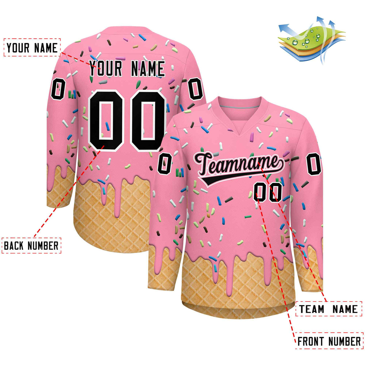 Custom Light Pink Black Ice Cream Pattern Personalized V-Neck Hockey Jersey| KXKSHOP