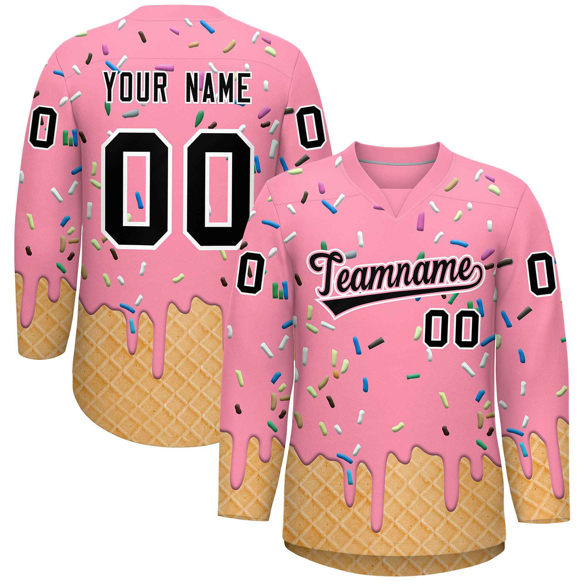 Custom Light Pink Black Ice Cream Pattern Personalized V-Neck Hockey Jersey| KXKSHOP