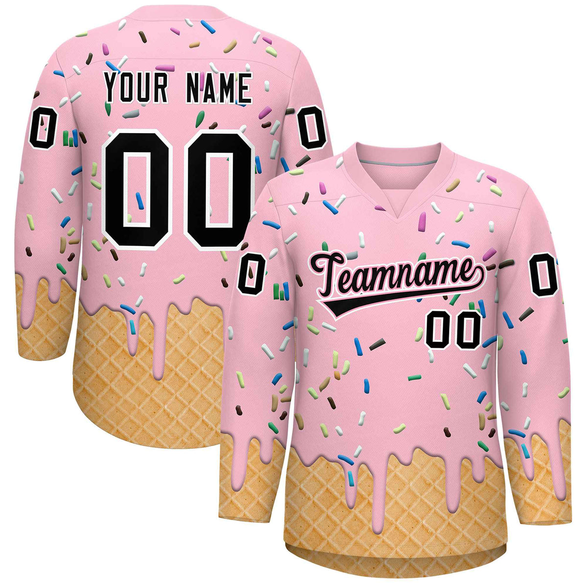 Custom Light Pink Black Ice Cream Pattern Personalized V-Neck Hockey Jersey| KXKSHOP