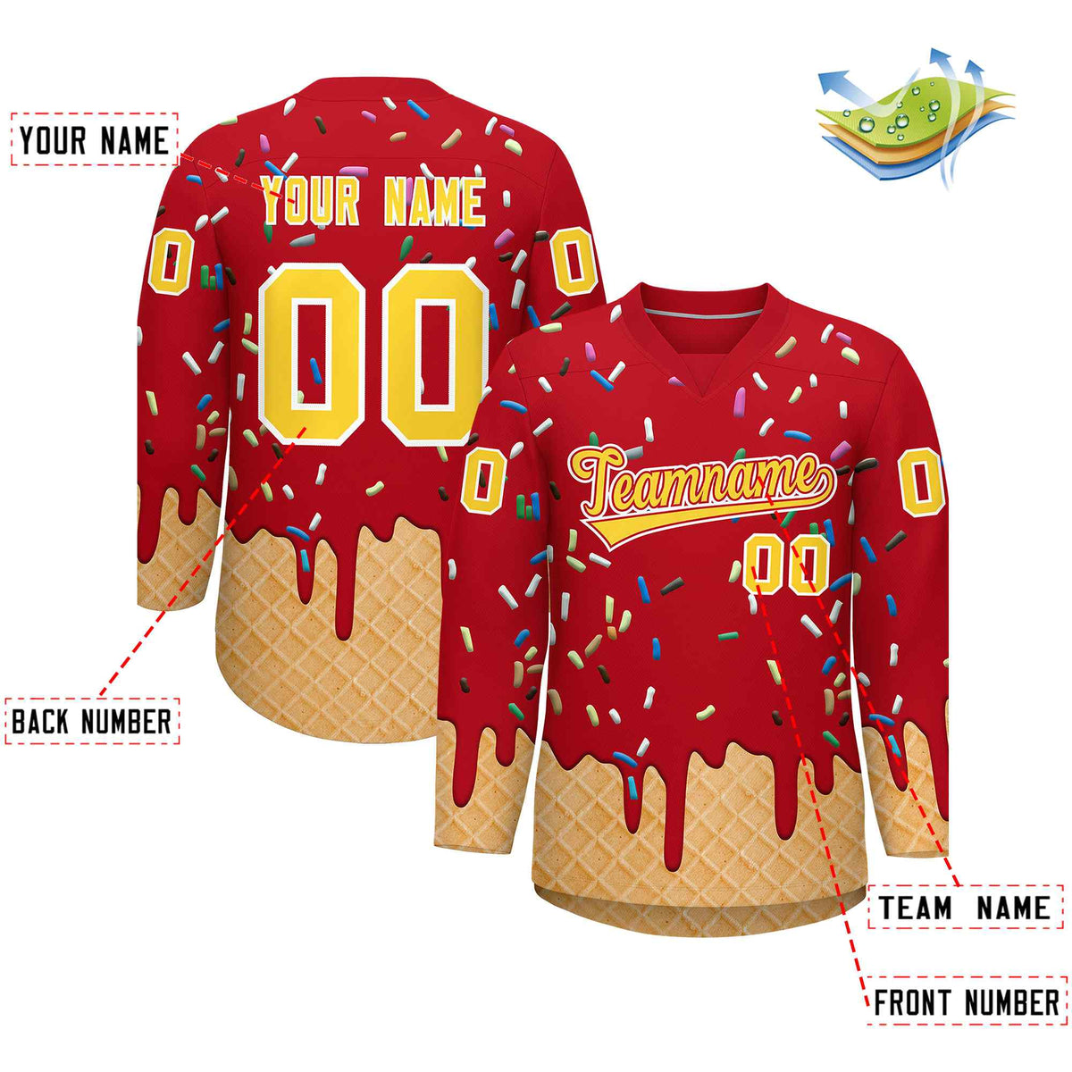 Custom Red Gold Ice Cream Pattern Personalized V-Neck Hockey Jersey| KXKSHOP