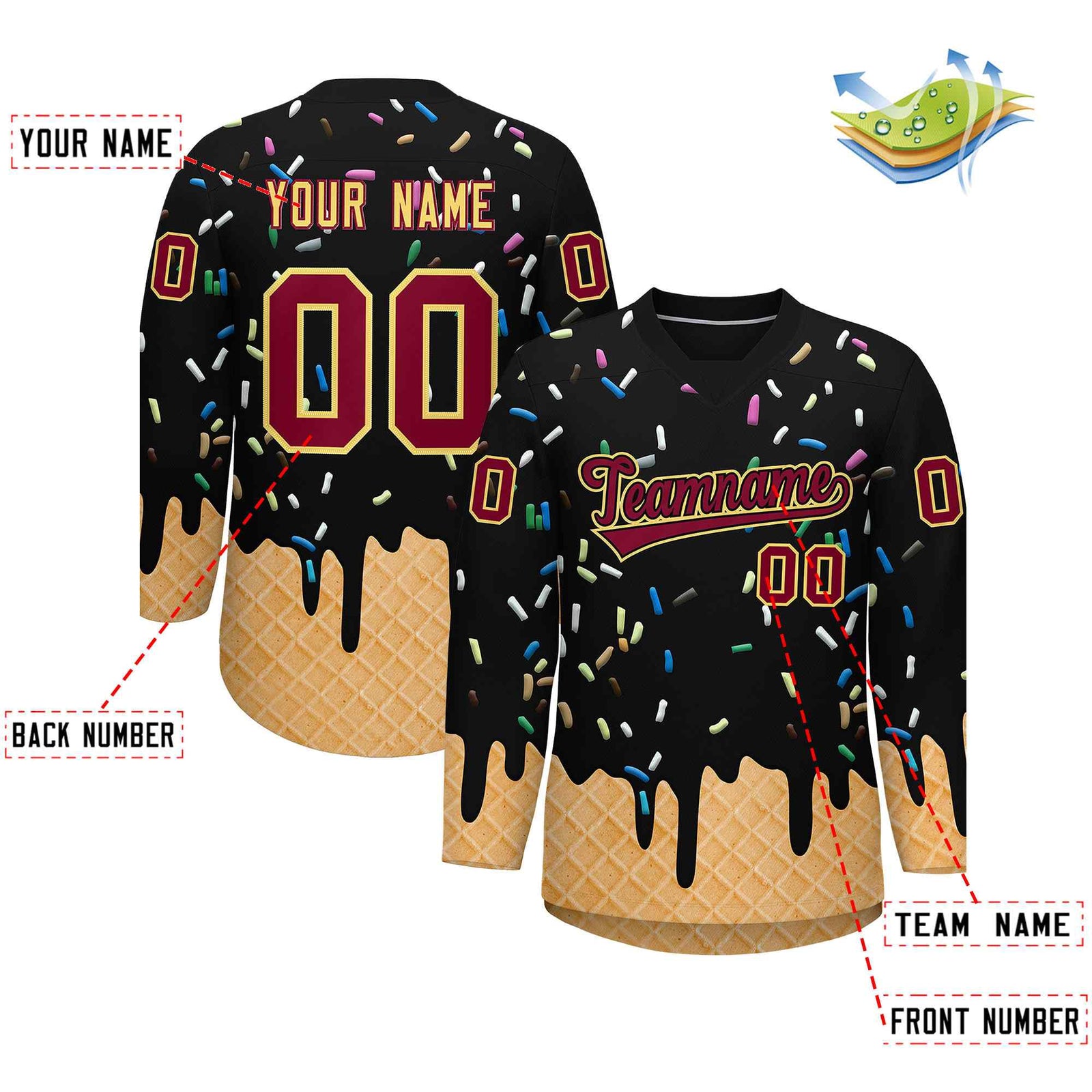Custom Black Crimson Ice Cream Pattern Personalized V-Neck Hockey Jersey| KXKSHOP
