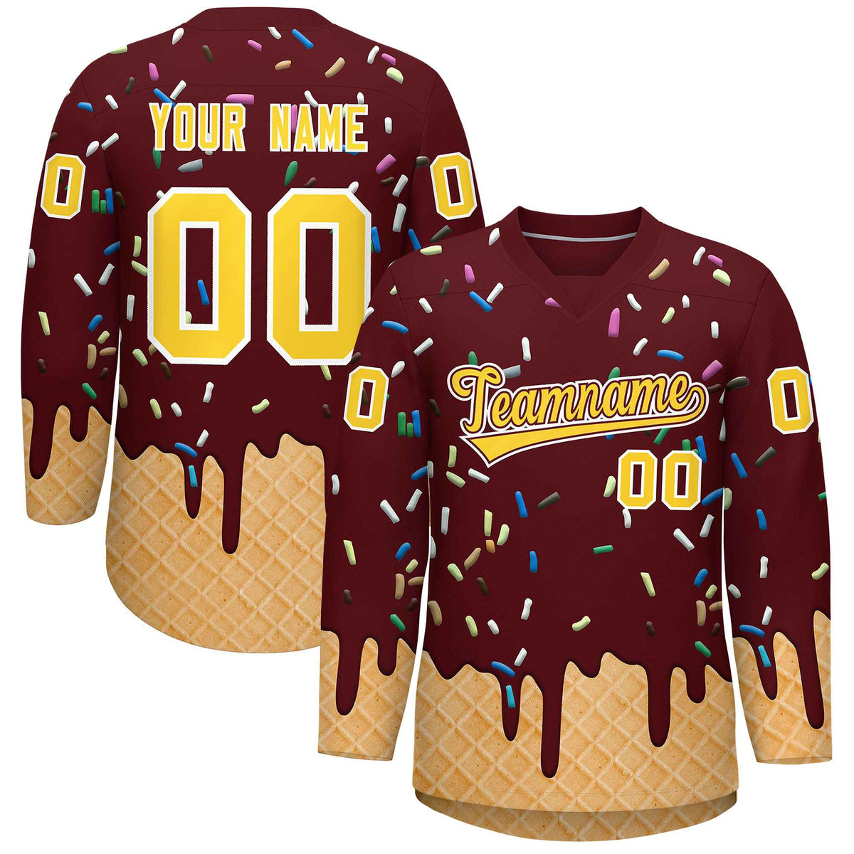 Custom Burgundy Gold Ice Cream Pattern Personalized V-Neck Hockey Jersey| KXKSHOP