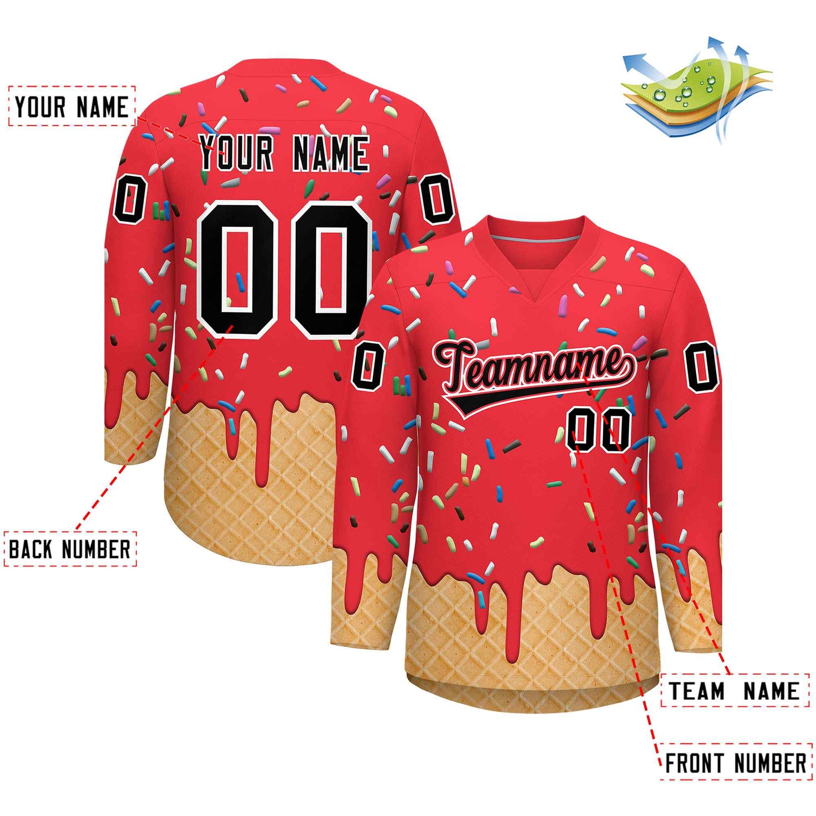 Custom Light Red Black Ice Cream Pattern Personalized V-Neck Hockey Jersey| KXKSHOP