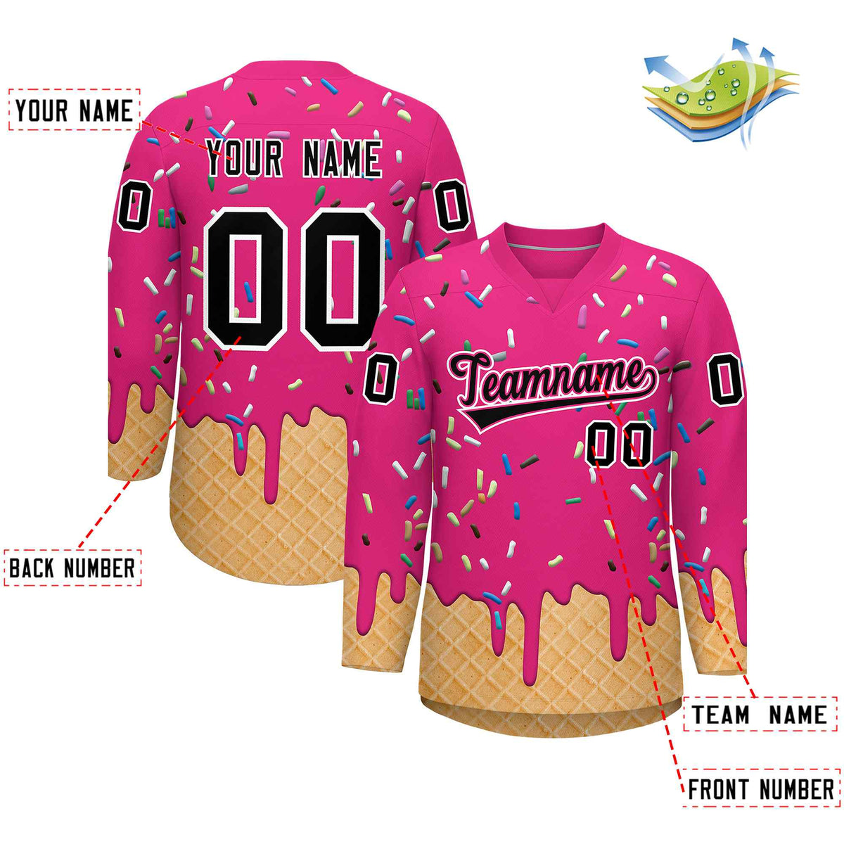 Custom Rose Red Black Ice Cream Pattern Personalized V-Neck Hockey Jersey| KXKSHOP