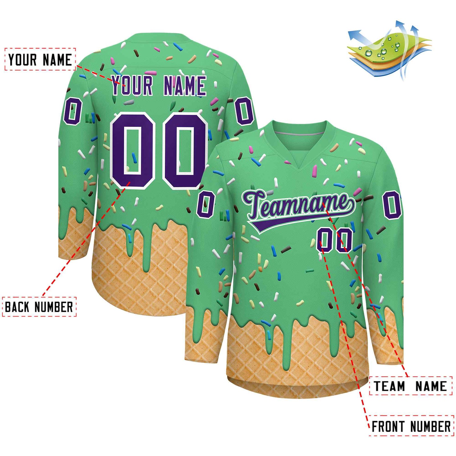 Custom Neon Green Purple Ice Cream Pattern Personalized V-Neck Hockey Jersey| KXKSHOP