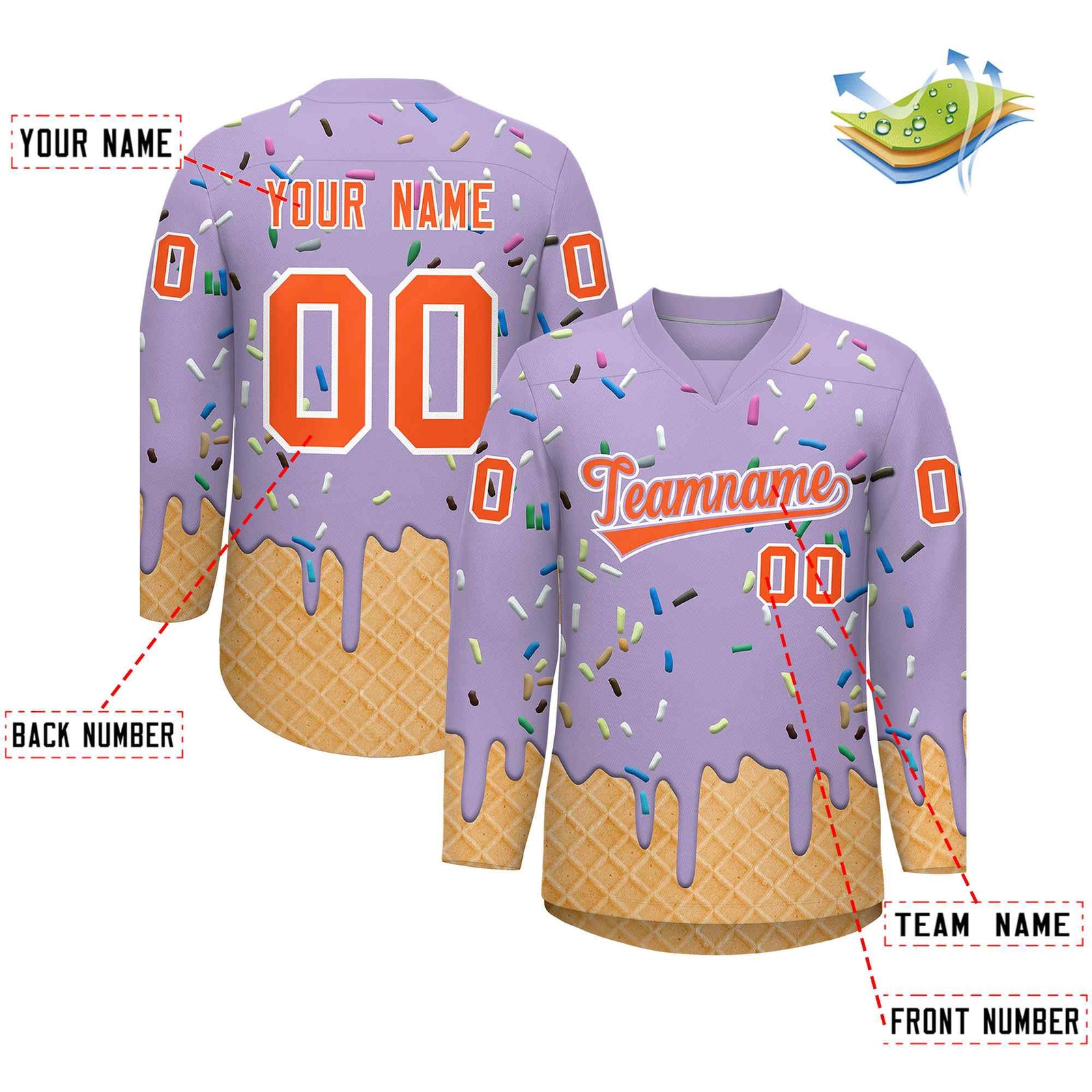 Custom Light Purple Orange Ice Cream Pattern Personalized V-Neck Hockey Jersey| KXKSHOP