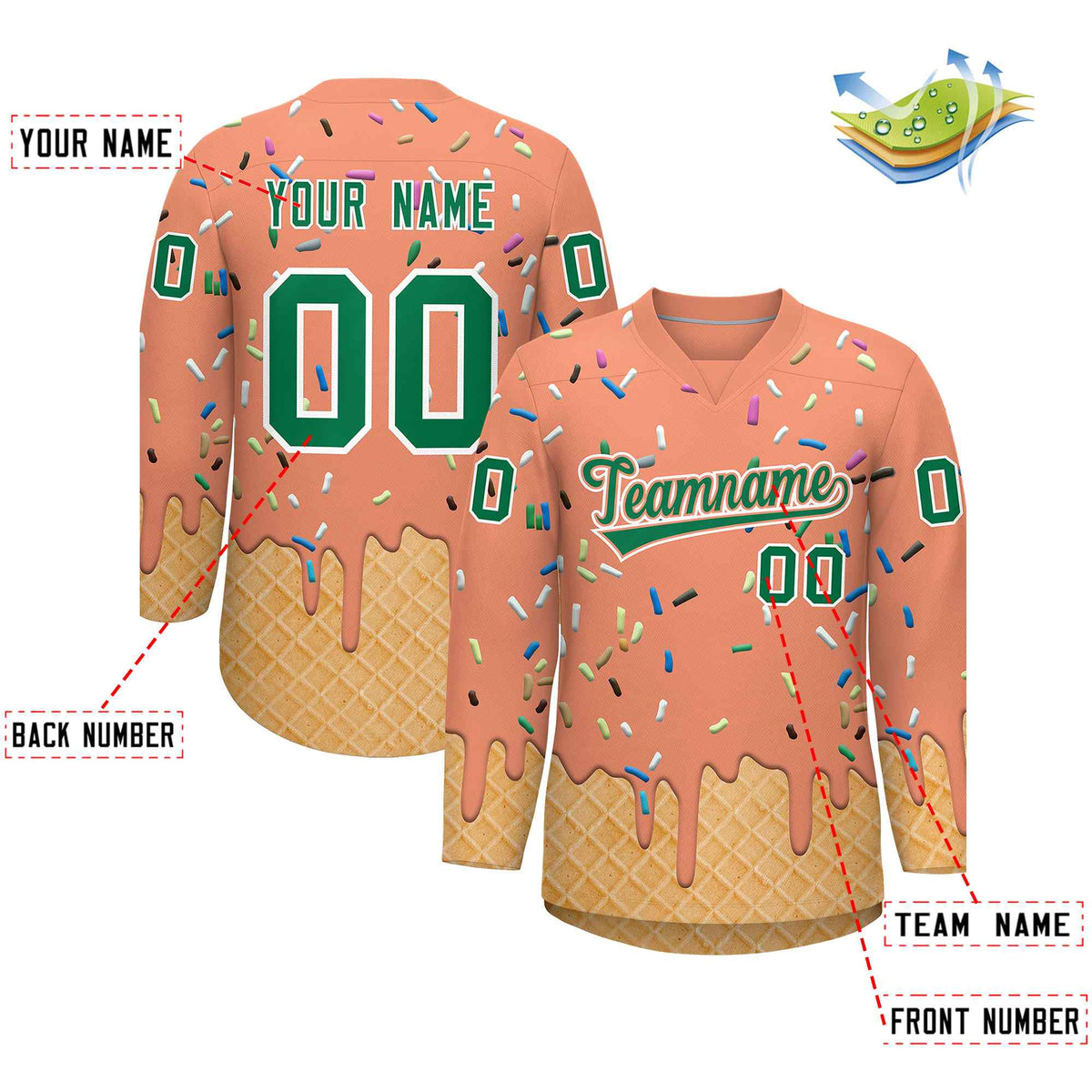 Custom Light Orange Kelly Green Ice Cream Pattern Personalized V-Neck Hockey Jersey| KXKSHOP