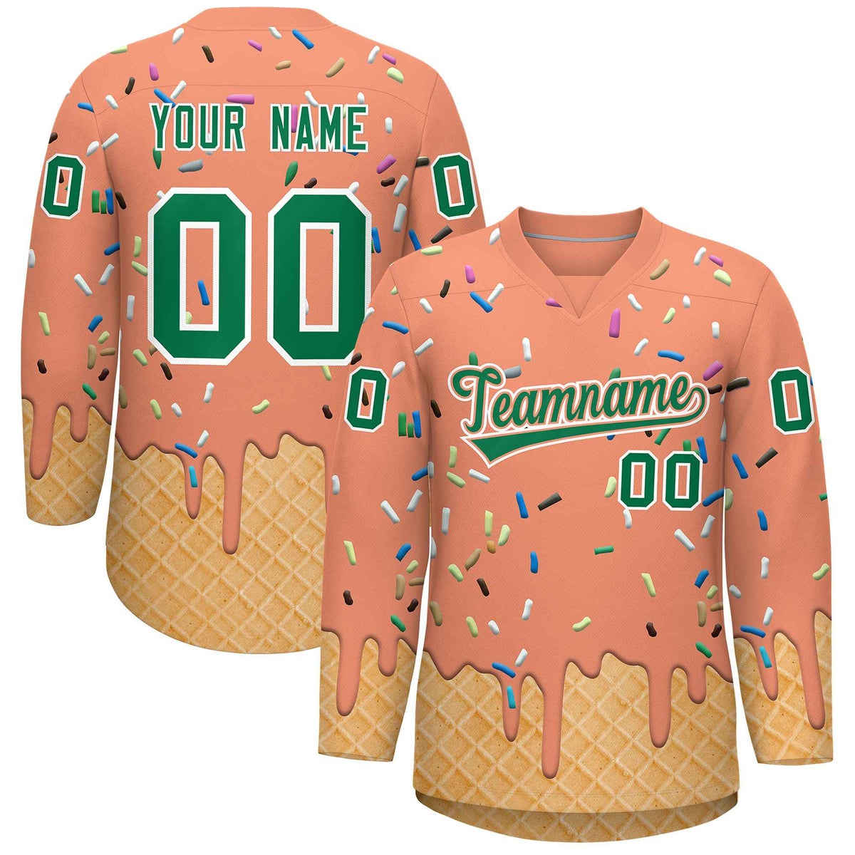 Custom Light Orange Kelly Green Ice Cream Pattern Personalized V-Neck Hockey Jersey| KXKSHOP