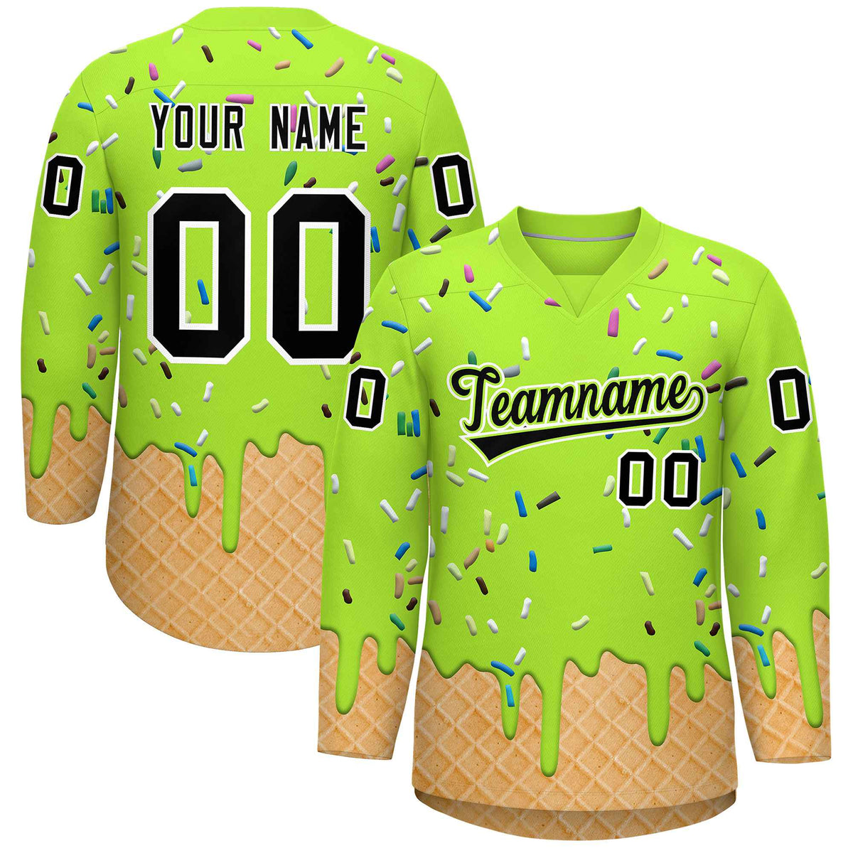 Custom Neon Green Black Ice Cream Pattern Personalized V-Neck Hockey Jersey| KXKSHOP