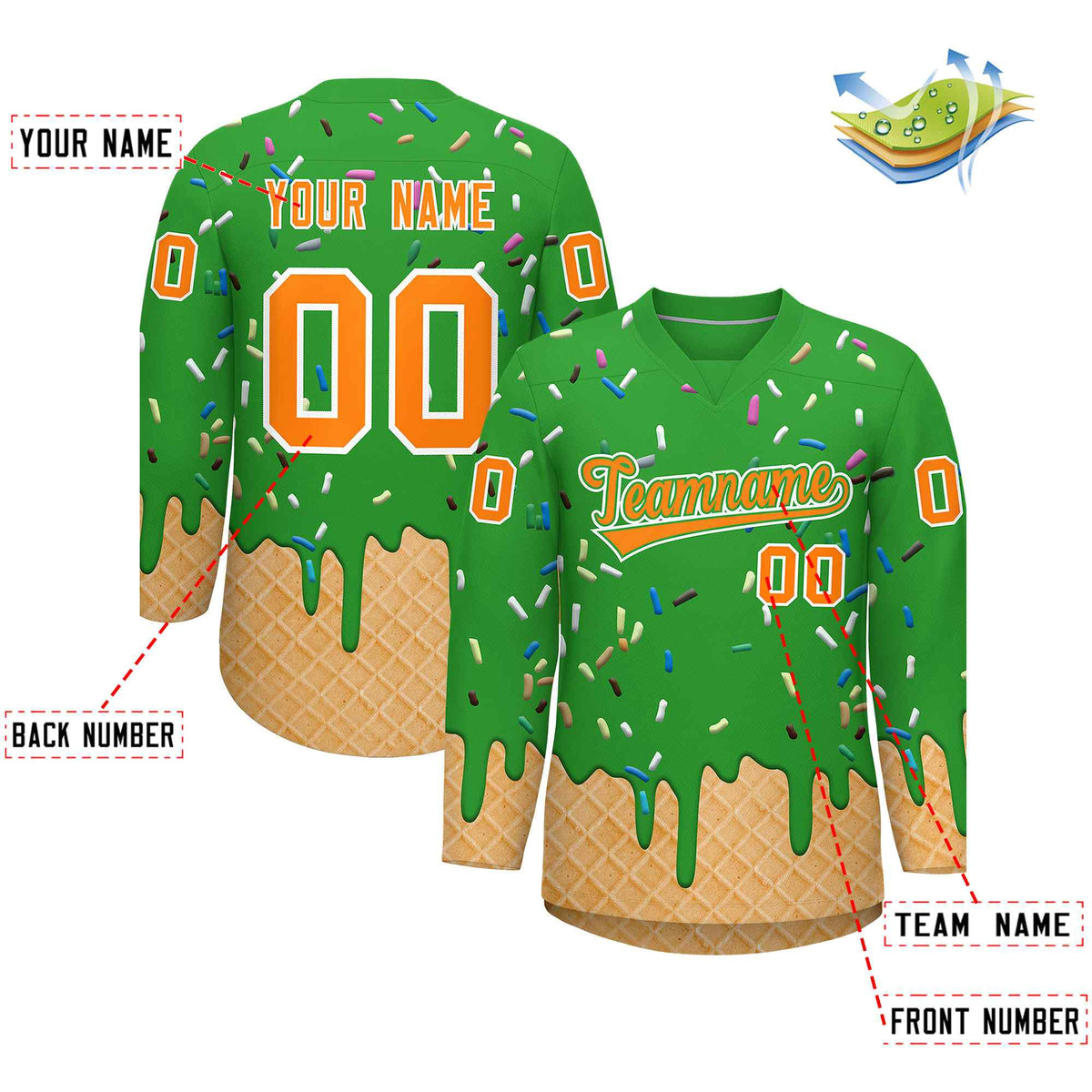 Custom Light Green Orange Ice Cream Pattern Personalized V-Neck Hockey Jersey| KXKSHOP