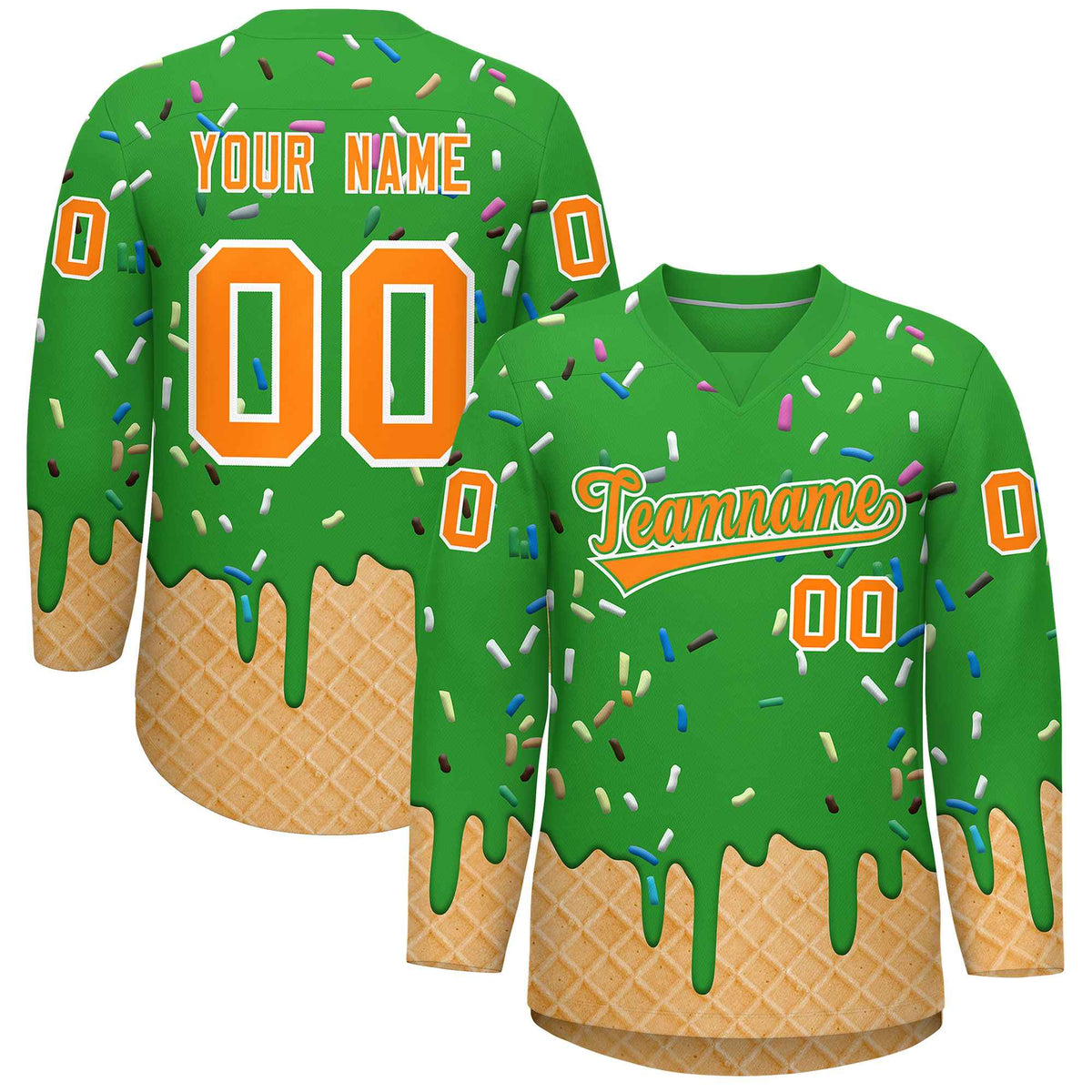 Custom Light Green Orange Ice Cream Pattern Personalized V-Neck Hockey Jersey| KXKSHOP