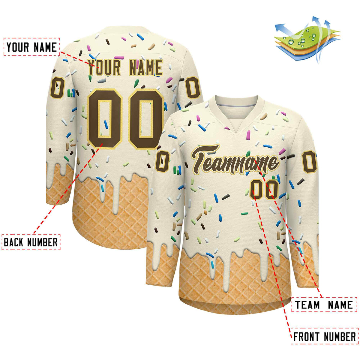 Custom Cream Light Brown Ice Cream Pattern Personalized V-Neck Hockey Jersey