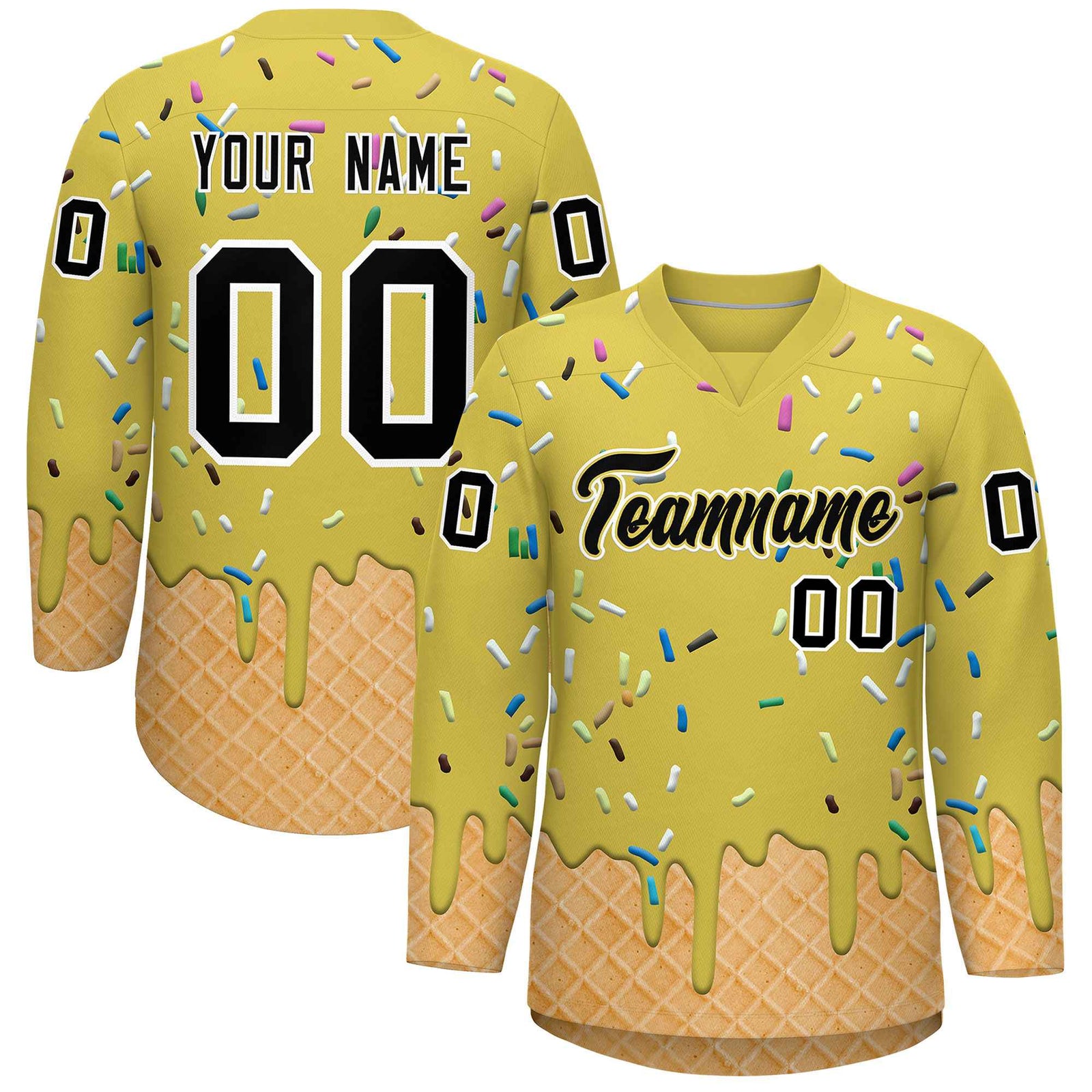 Custom Old Gold Black Ice Cream Pattern Personalized V-Neck Hockey Jersey