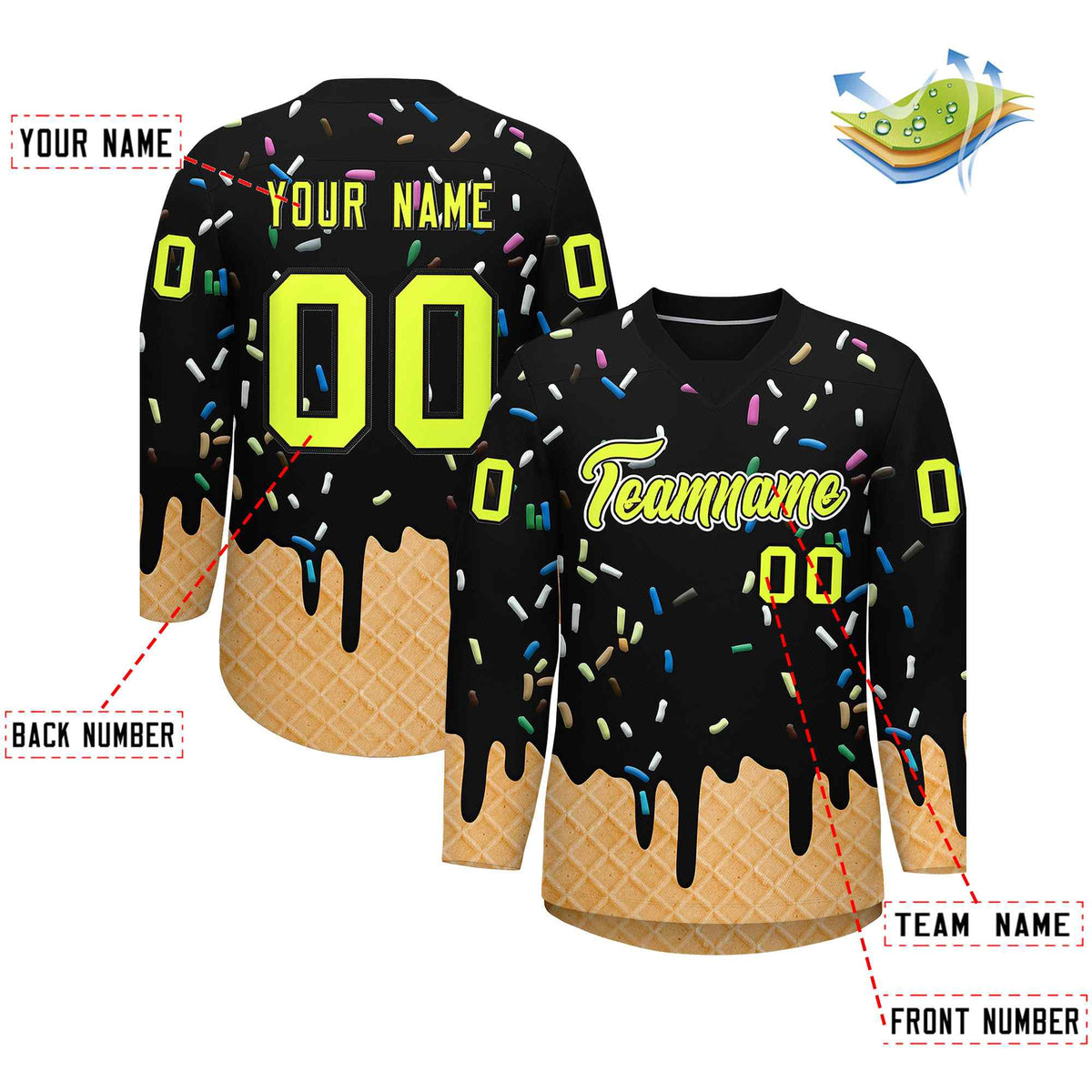 Custom Black Fluorescent Green Ice Cream Pattern Personalized V-Neck Hockey Jersey