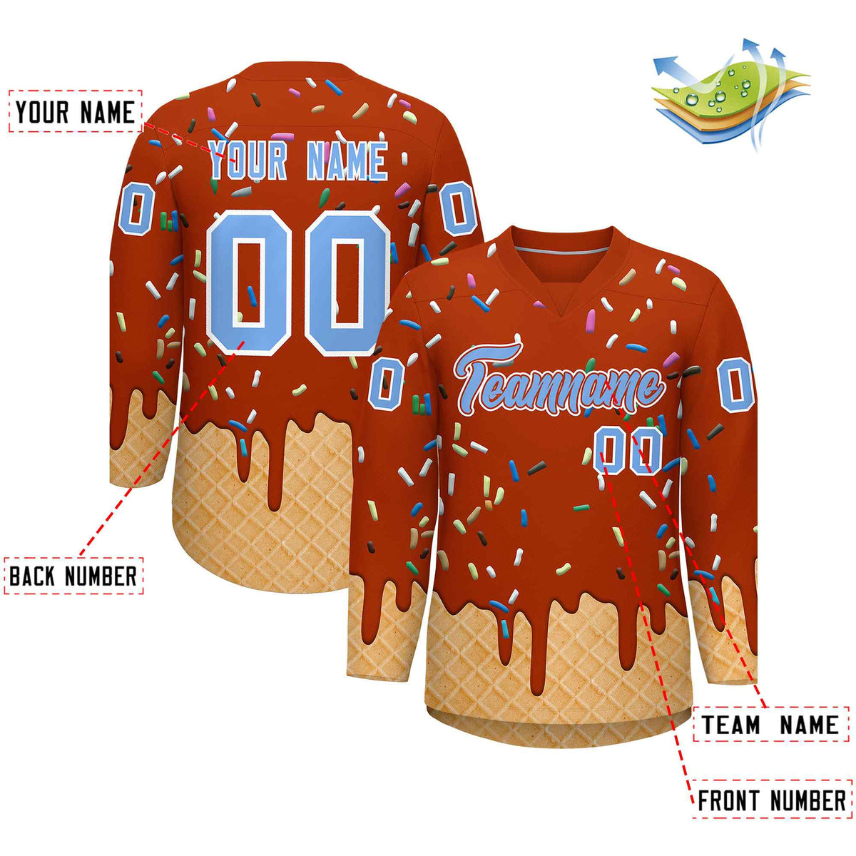 Custom Dark Orange Light Blue Ice Cream Pattern Personalized V-Neck Hockey Jersey