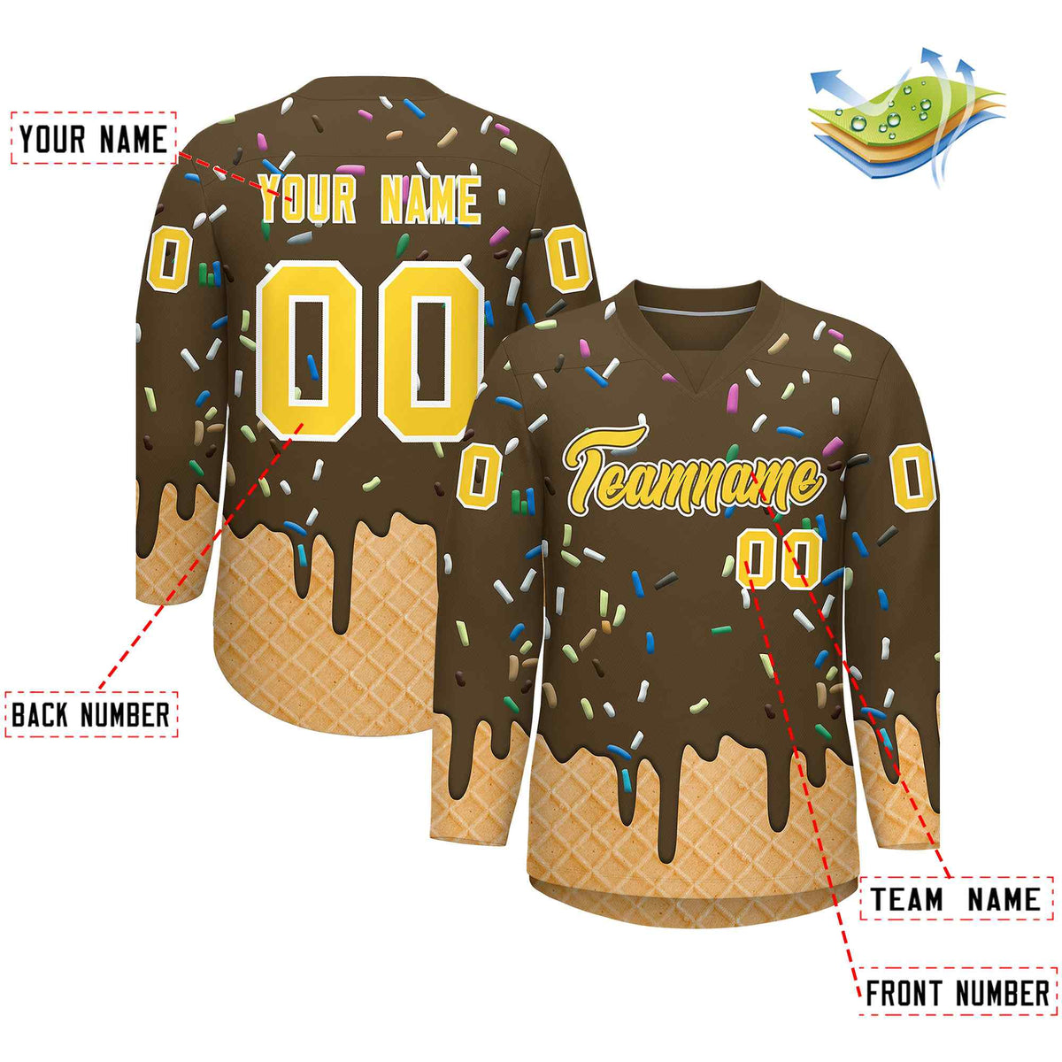 Custom Light Brown Gold Ice Cream Pattern Personalized V-Neck Hockey Jersey