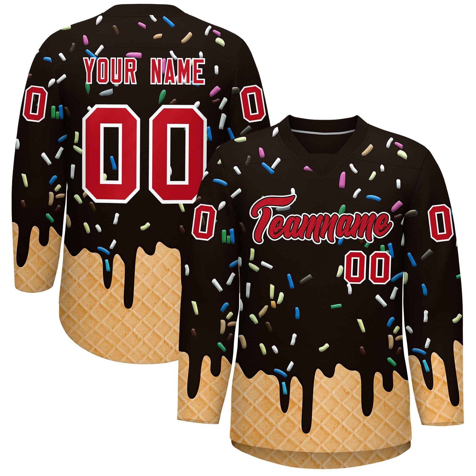 Custom Brown Red Ice Cream Pattern Personalized V-Neck Hockey Jersey