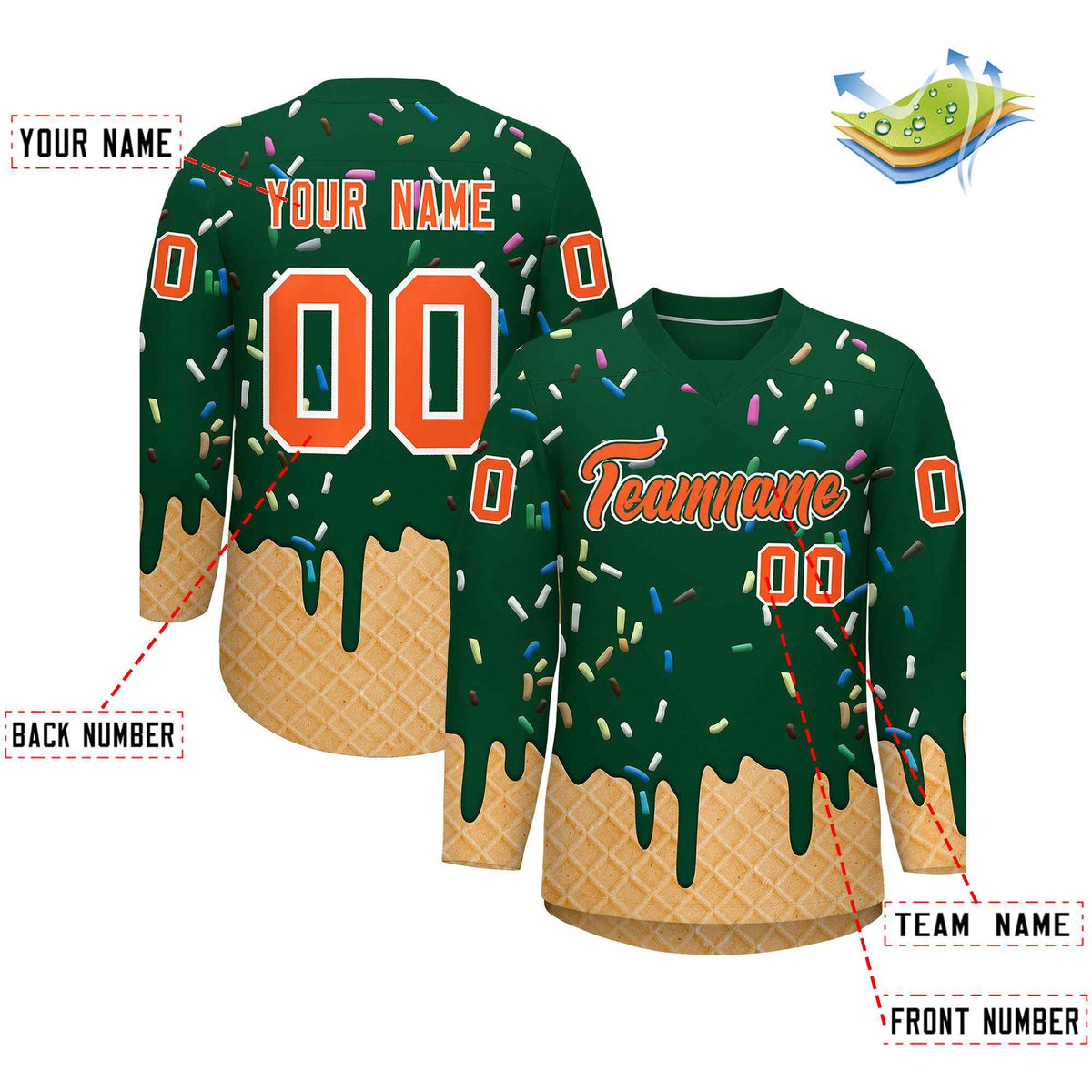 Custom Green Orange Ice Cream Pattern Personalized V-Neck Hockey Jersey