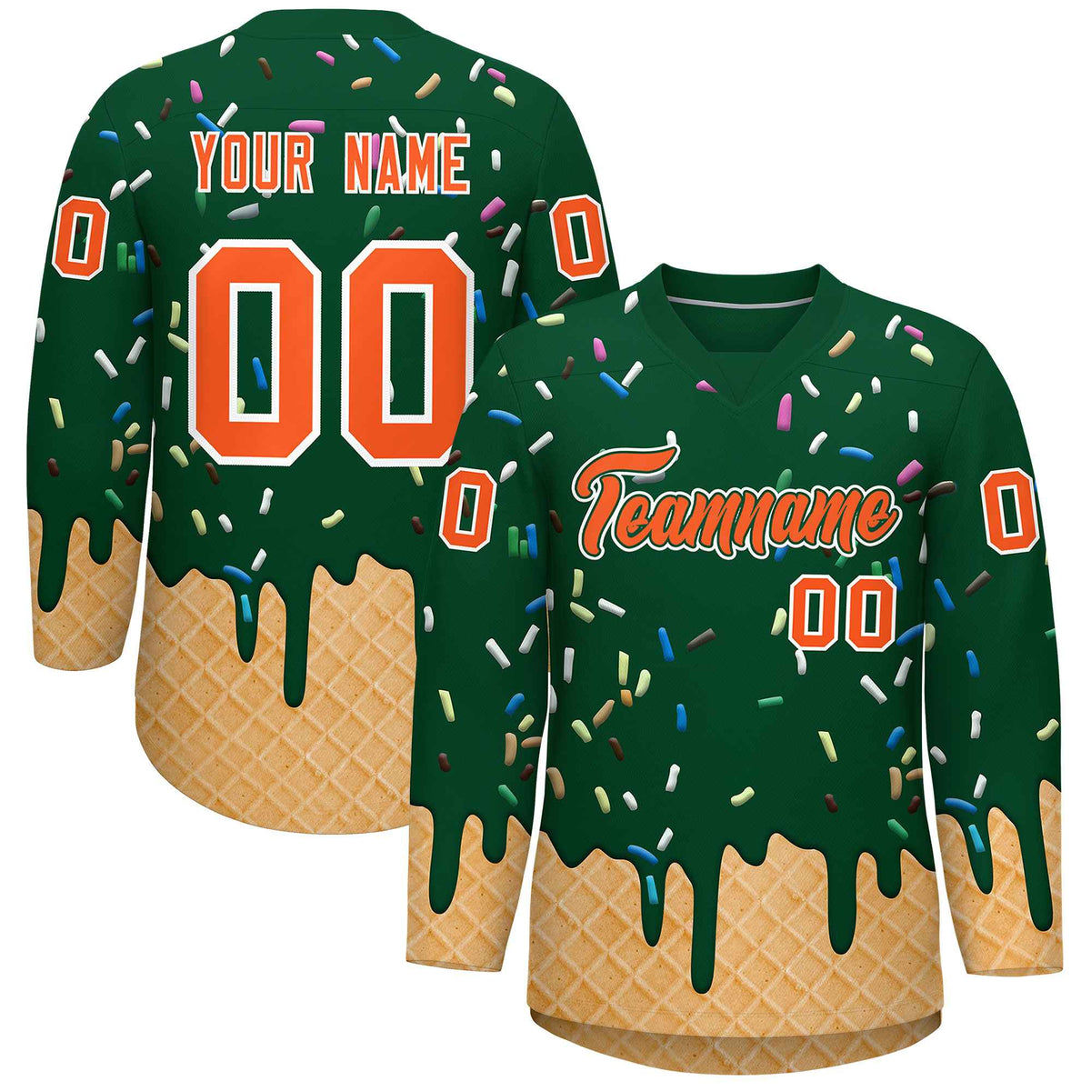 Custom Green Orange Ice Cream Pattern Personalized V-Neck Hockey Jersey