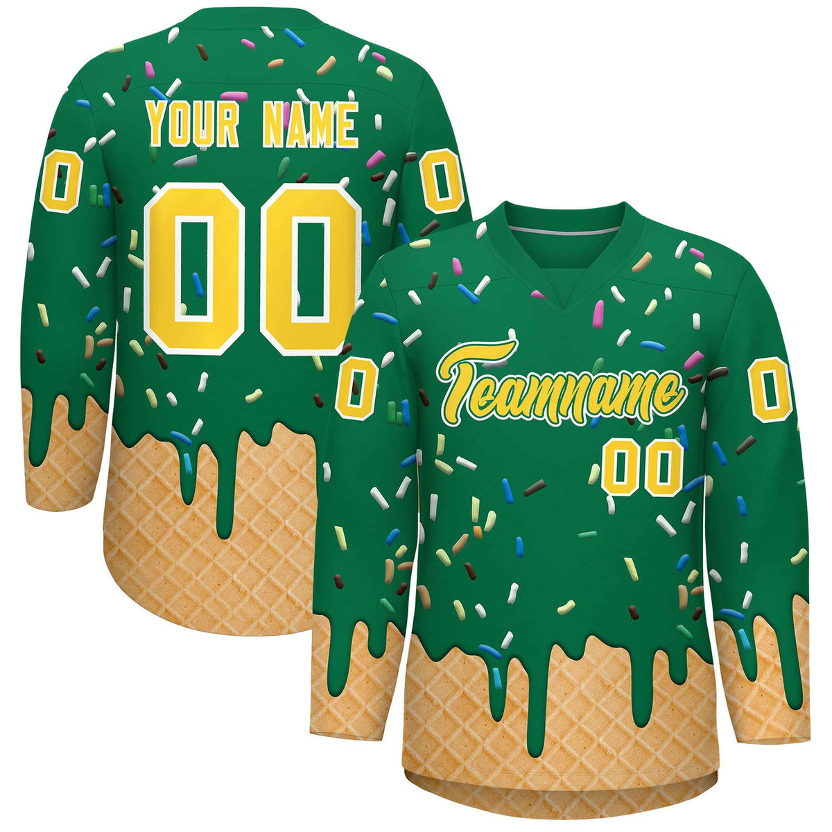 Custom Kelly Green Gold Ice Cream Pattern Personalized V-Neck Hockey Jersey