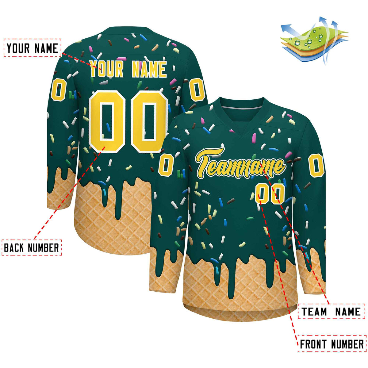 Custom Midnight Green Gold Ice Cream Pattern Personalized V-Neck Hockey Jersey