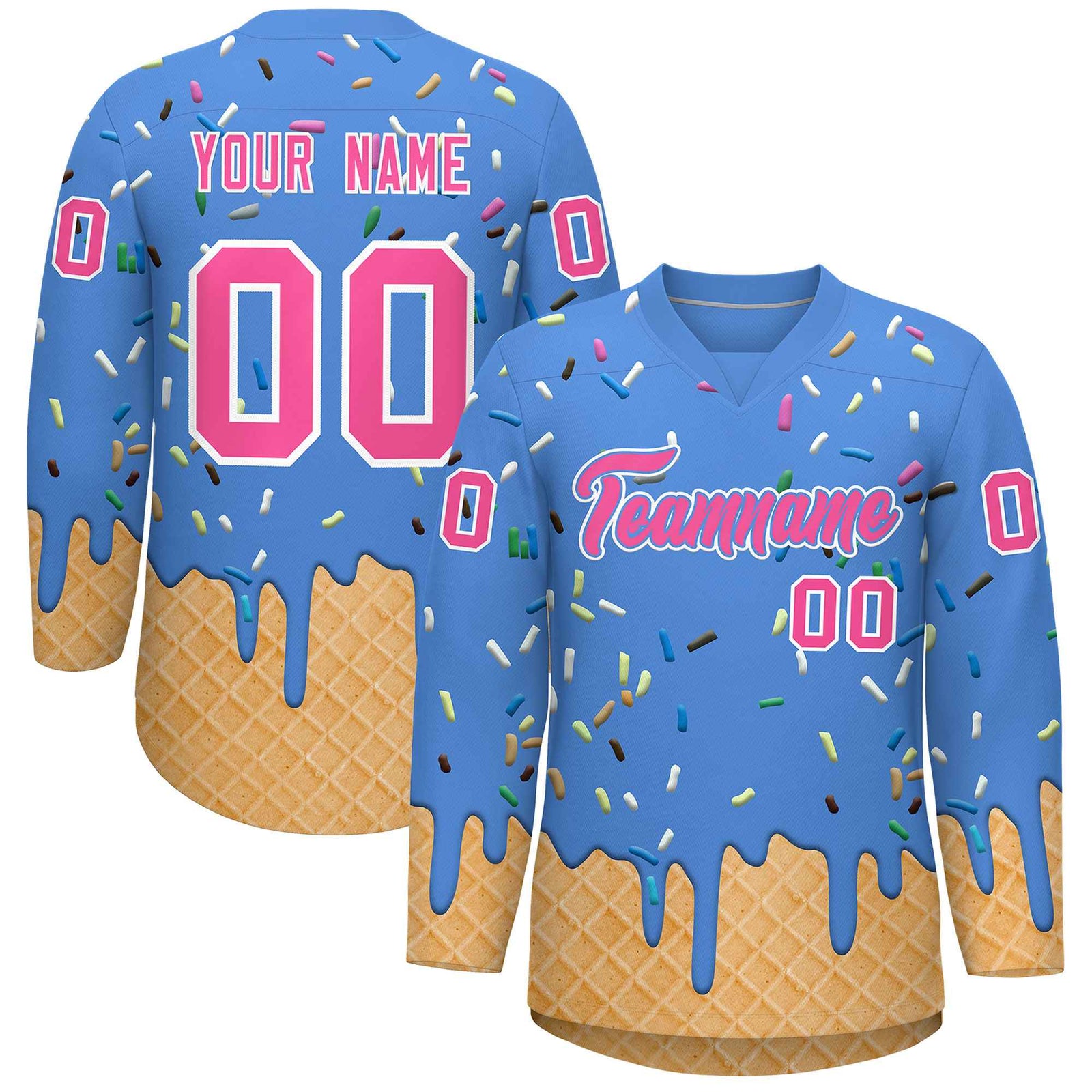Custom Powder Blue Pink Ice Cream Pattern Personalized V-Neck Hockey Jersey