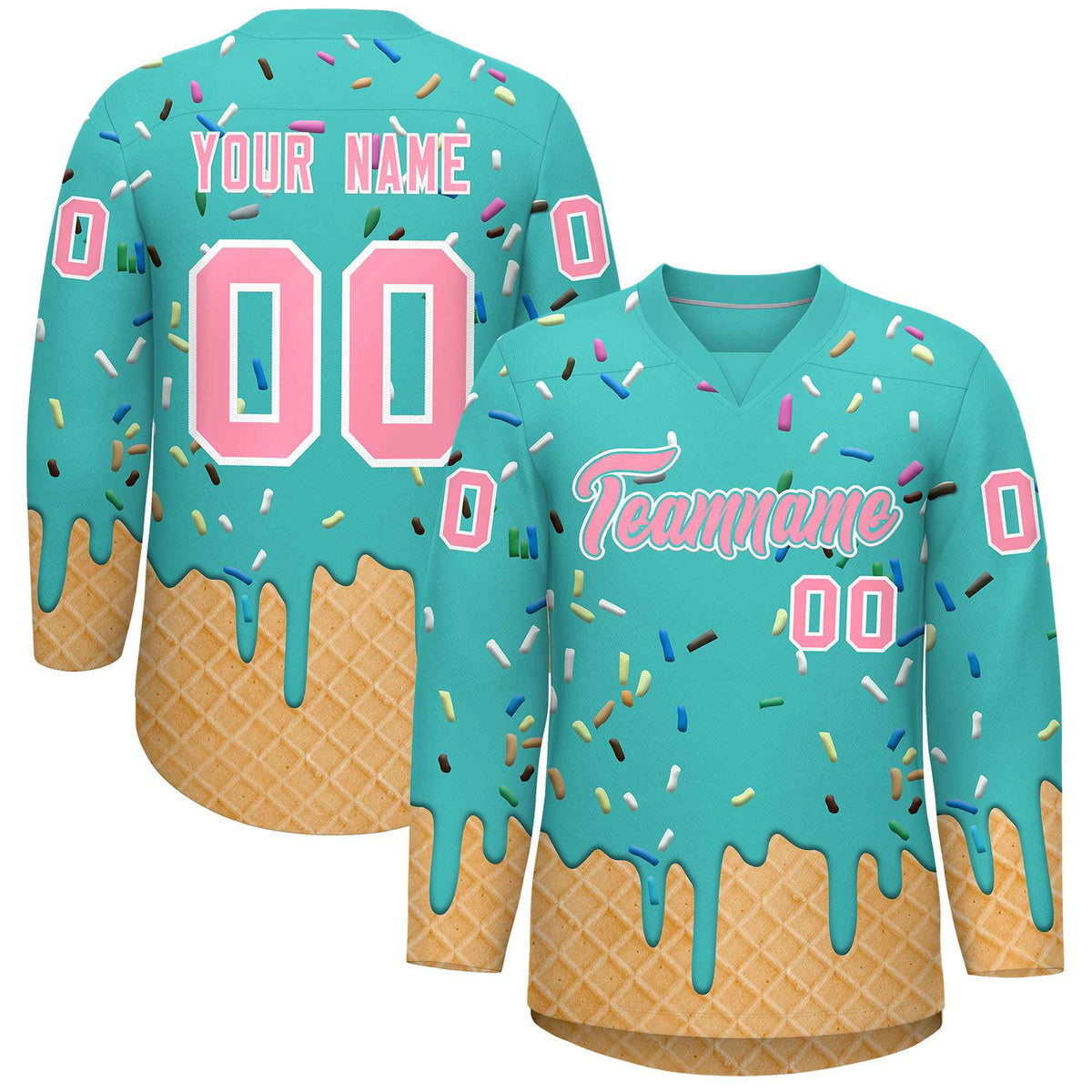 Custom Teal Light Pink Ice Cream Pattern Personalized V-Neck Hockey Jersey