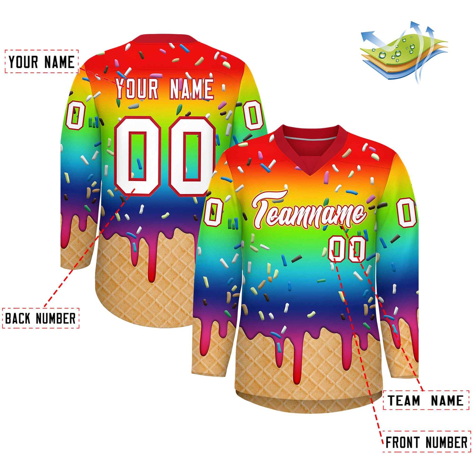 Custom Rainbow White Ice Cream Pattern Personalized V-Neck Hockey Jersey