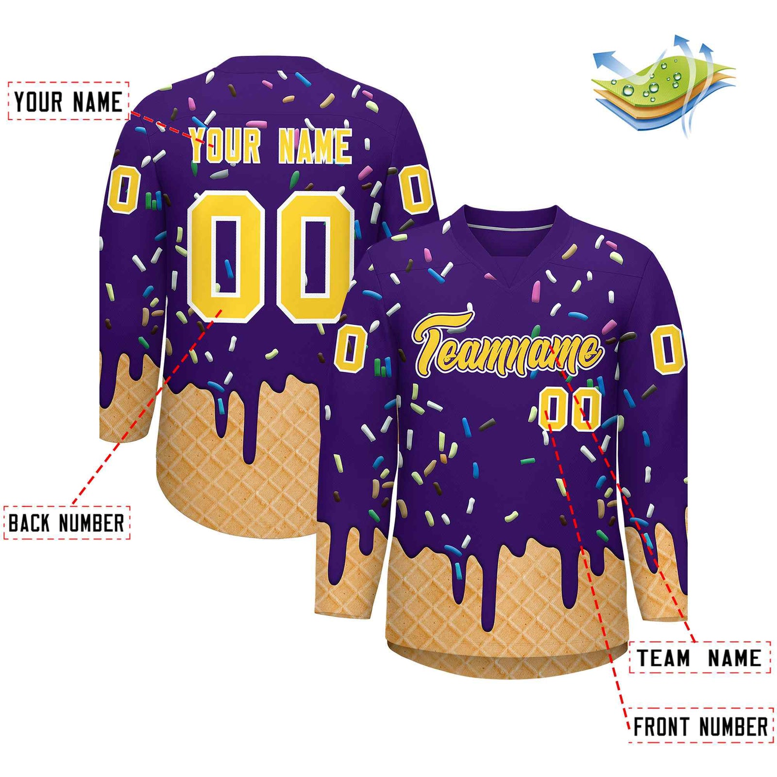 Custom Purple Gold Ice Cream Pattern Personalized V-Neck Hockey Jersey