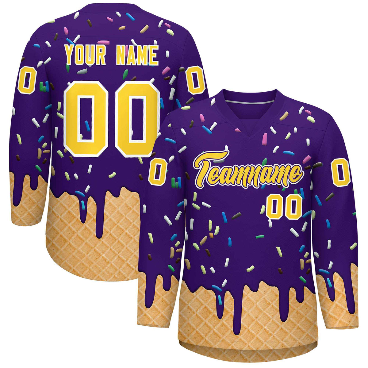 Custom Purple Gold Ice Cream Pattern Personalized V-Neck Hockey Jersey