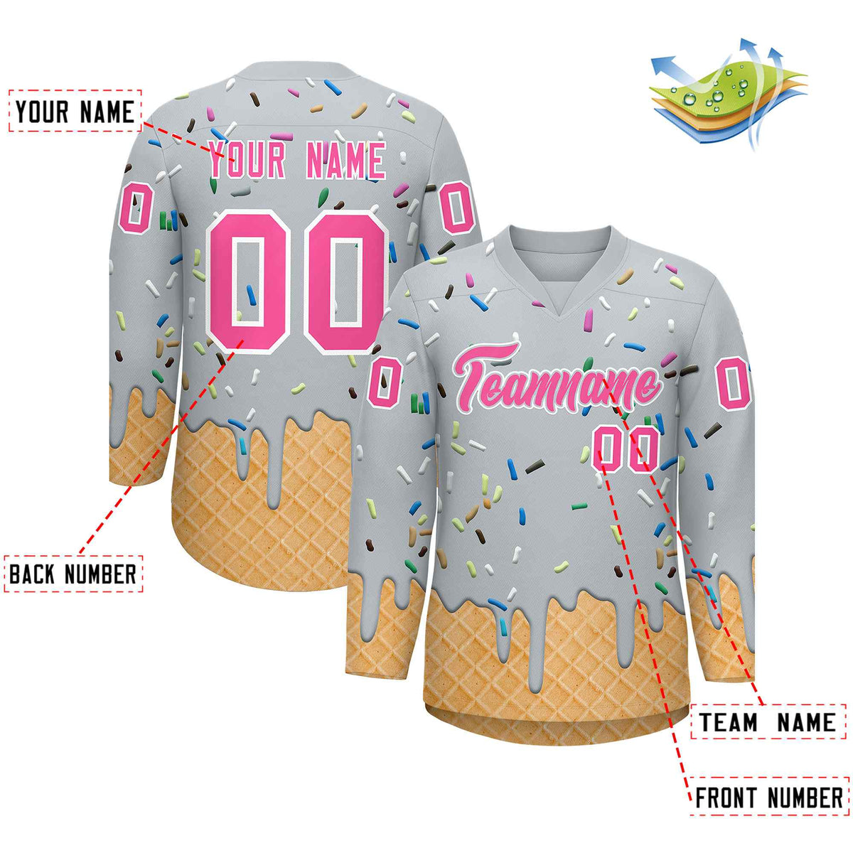 Custom Silver Pink Ice Cream Pattern Personalized V-Neck Hockey Jersey