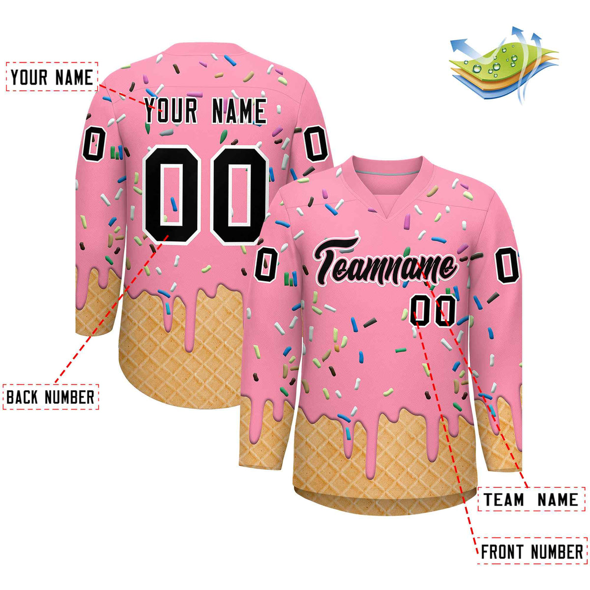 Custom Light Pink Black Ice Cream Pattern Personalized V-Neck Hockey Jersey