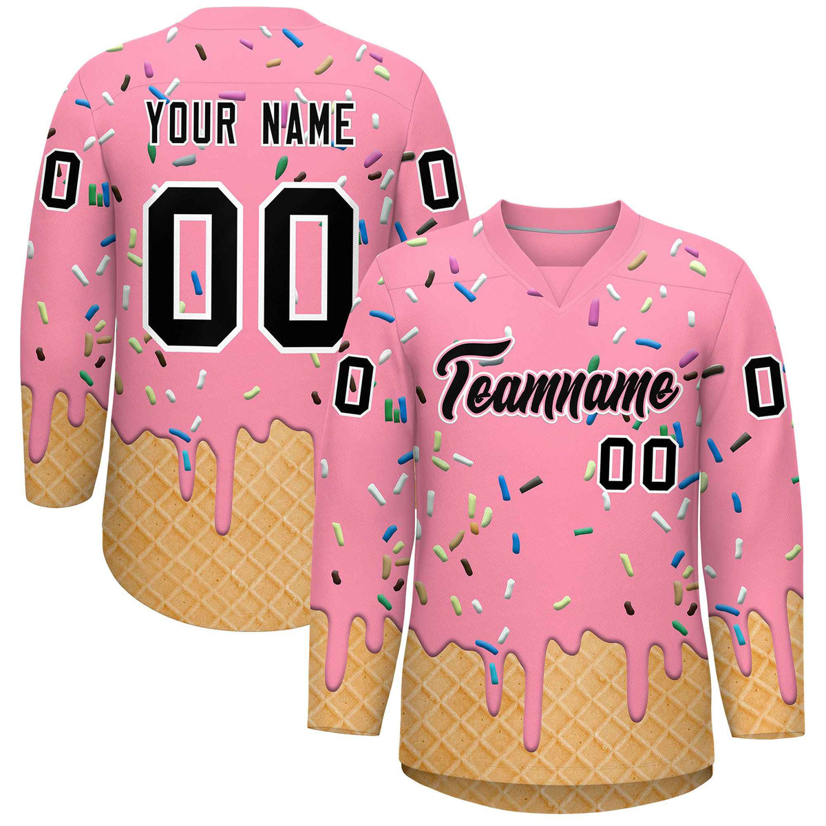 Custom Light Pink Black Ice Cream Pattern Personalized V-Neck Hockey Jersey