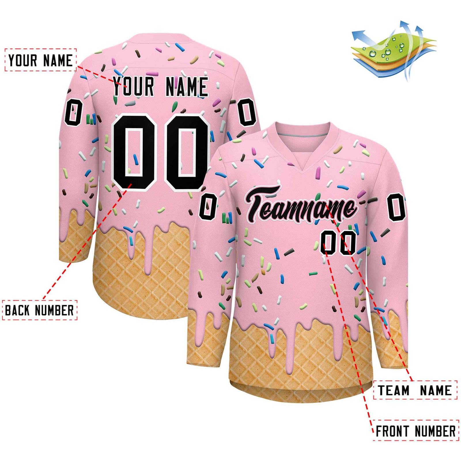 Custom Light Pink Black Ice Cream Pattern Personalized V-Neck Hockey Jersey