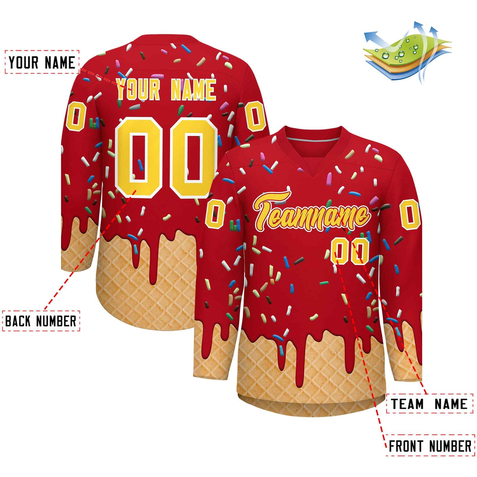 Custom Red Gold Ice Cream Pattern Personalized V-Neck Hockey Jersey