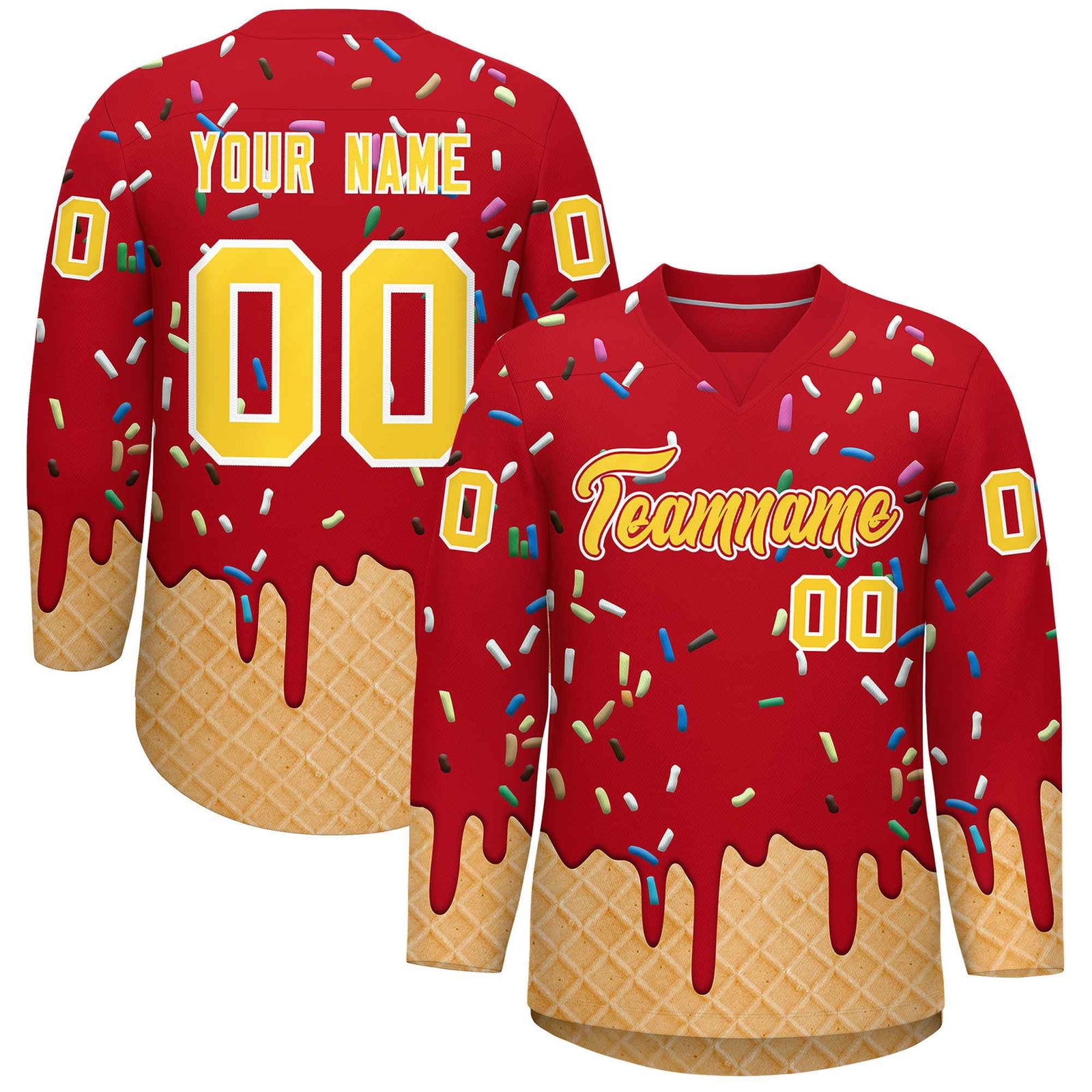 Custom Red Gold Ice Cream Pattern Personalized V-Neck Hockey Jersey