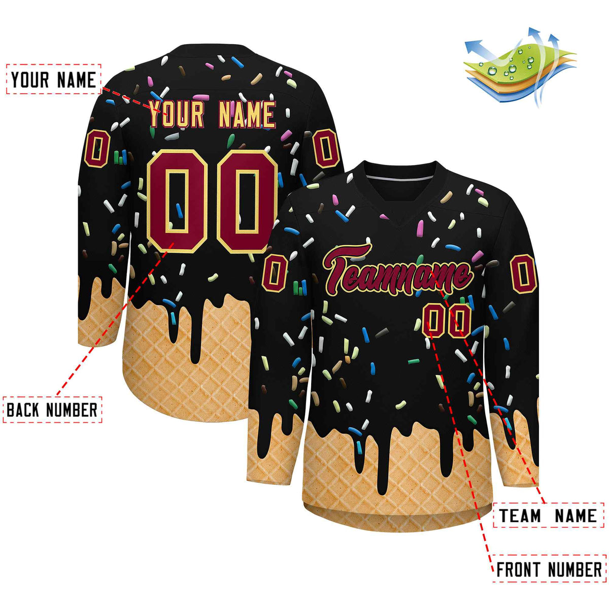 Custom Black Crimson Ice Cream Pattern Personalized V-Neck Hockey Jersey