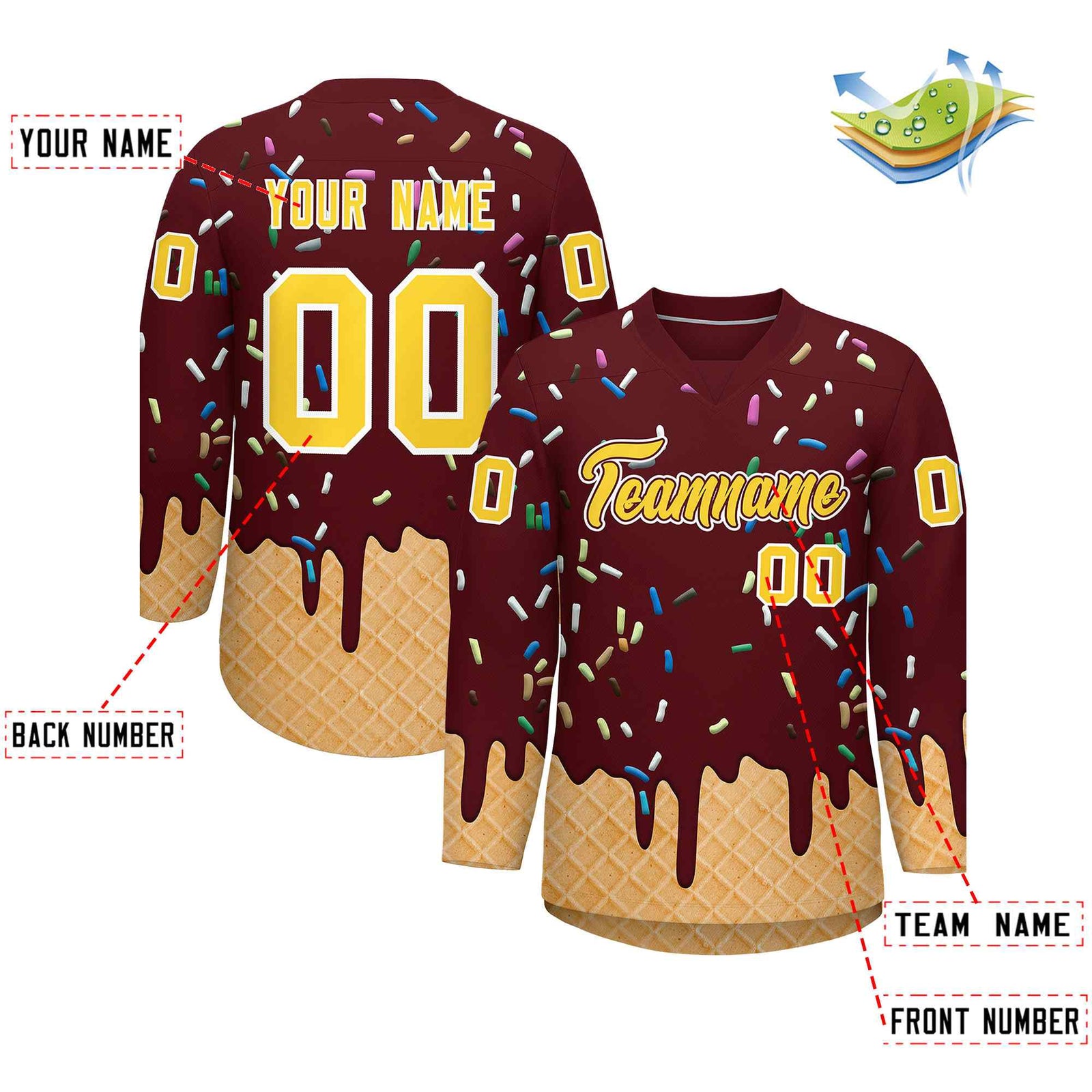 Custom Burgundy Gold Ice Cream Pattern Personalized V-Neck Hockey Jersey